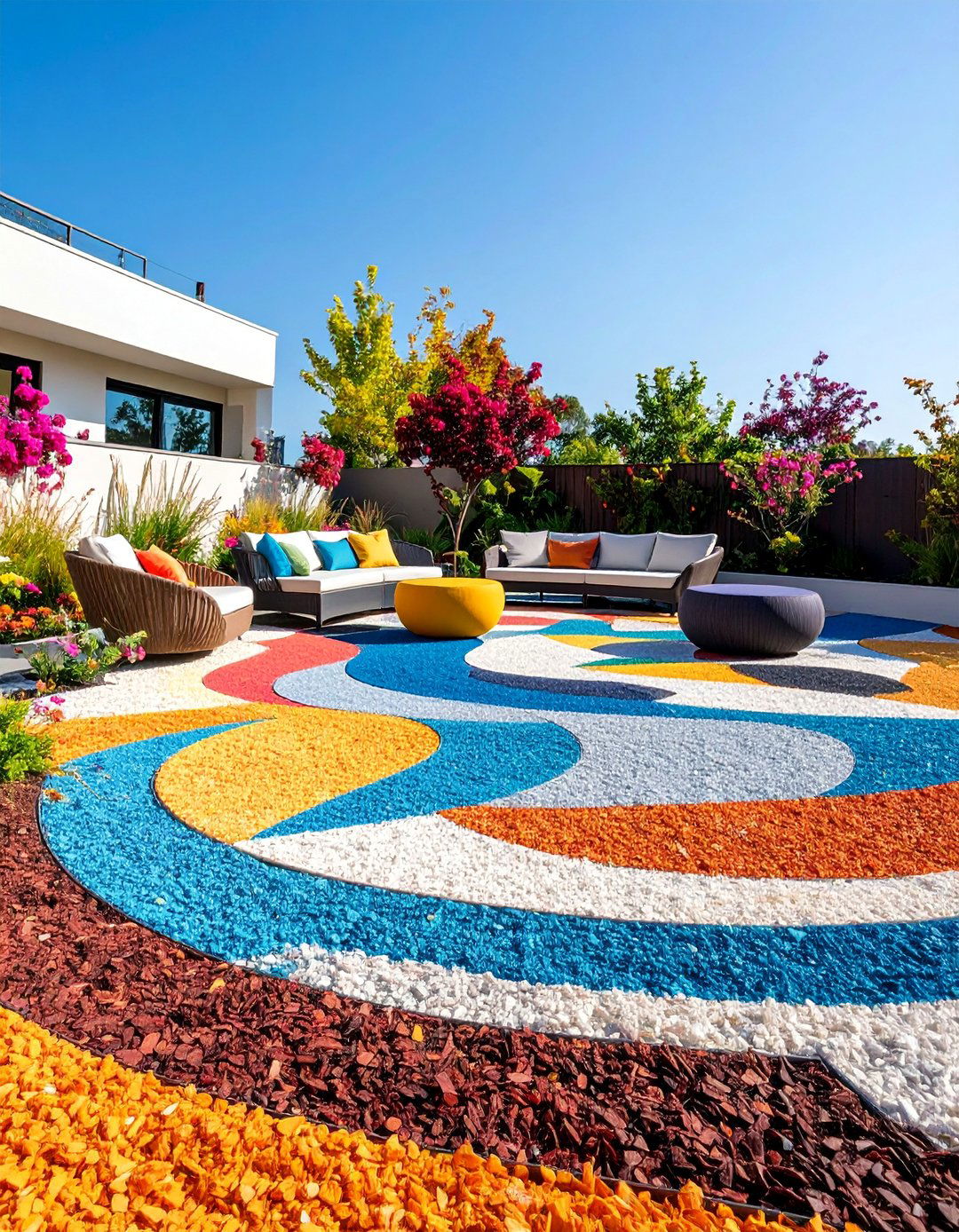 Geometric Pattern Colored Mulch Patio - 25 mulch patio ideas