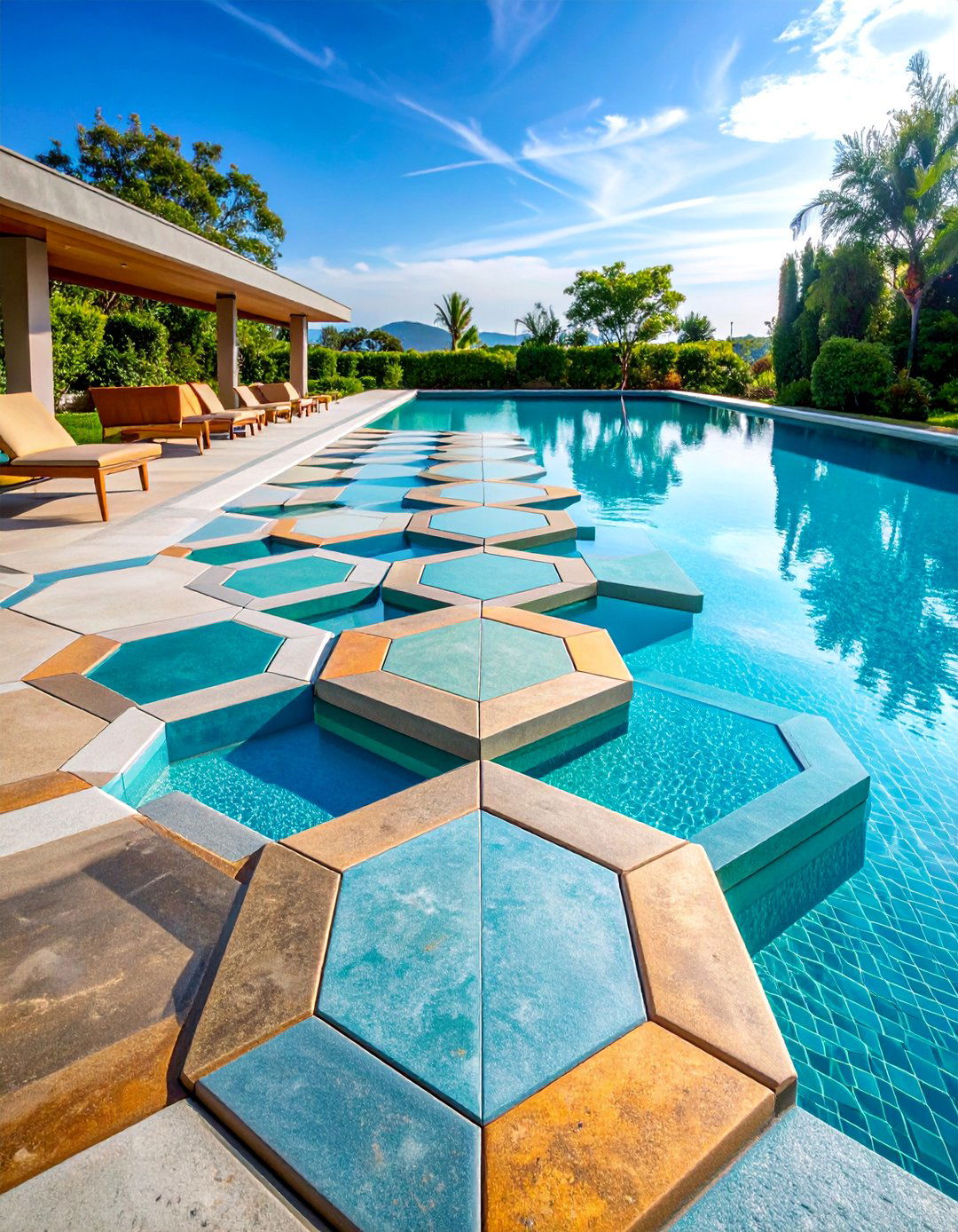 Geometric Pattern Concrete Pool Path - 25 Pool Walkway Ideas