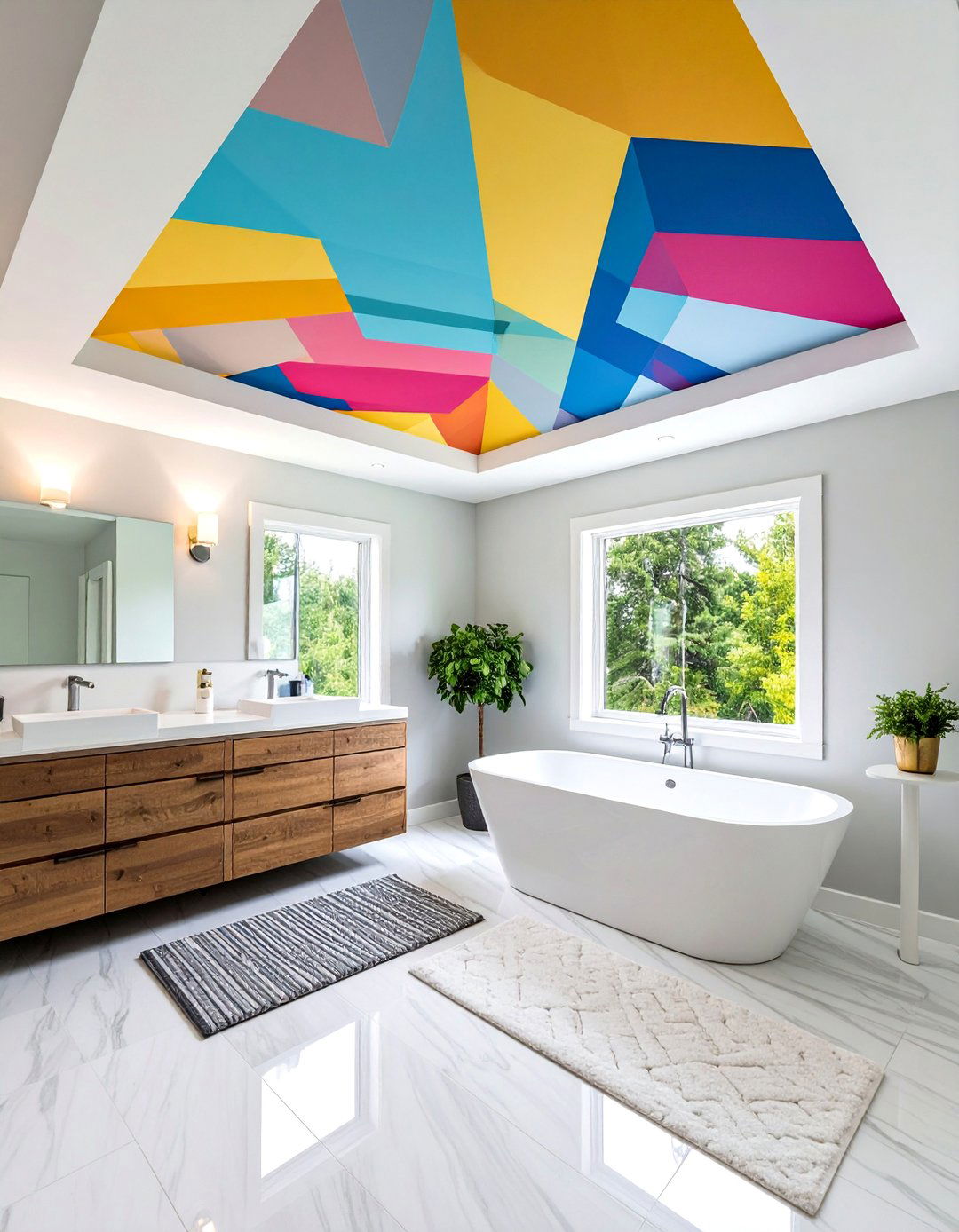 Geometric Pattern Painted Ceiling Design - 25 Bathroom Ceiling Ideas