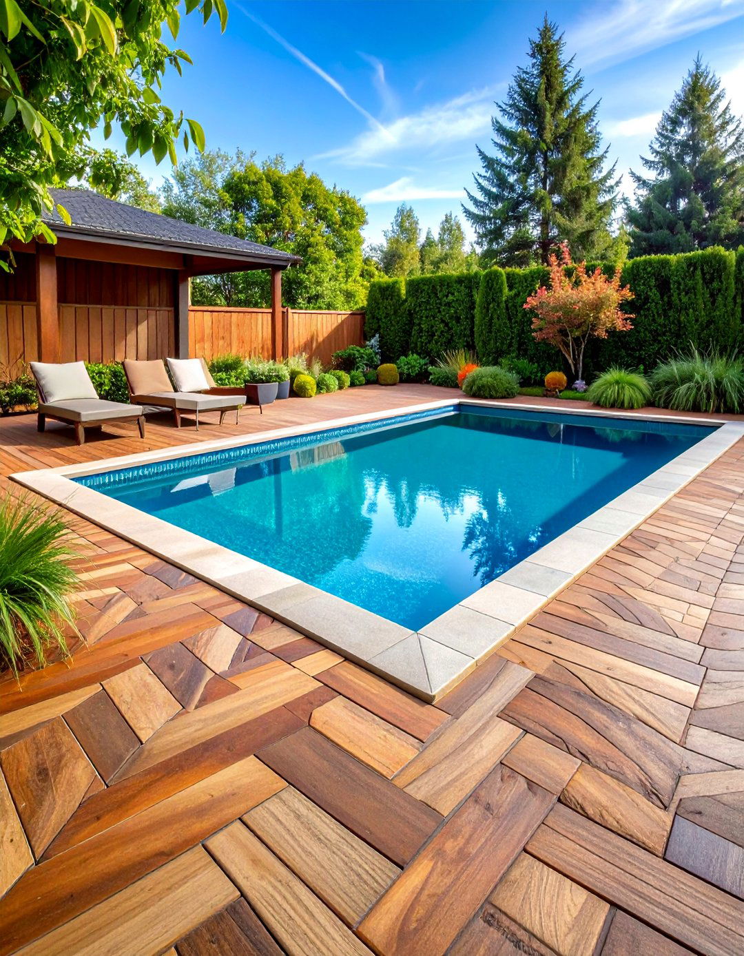 Geometric Pattern Pool Deck with Herringbone Pavers - 25 Pool Deck Ideas