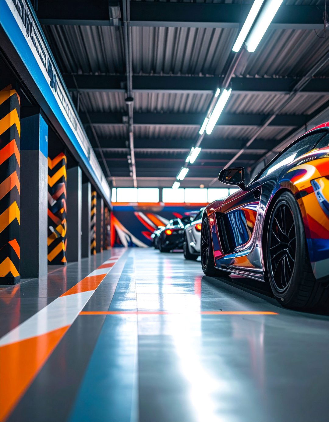 Geometric Pattern Racing Stripes - 25 Garage Wall Paint Ideas