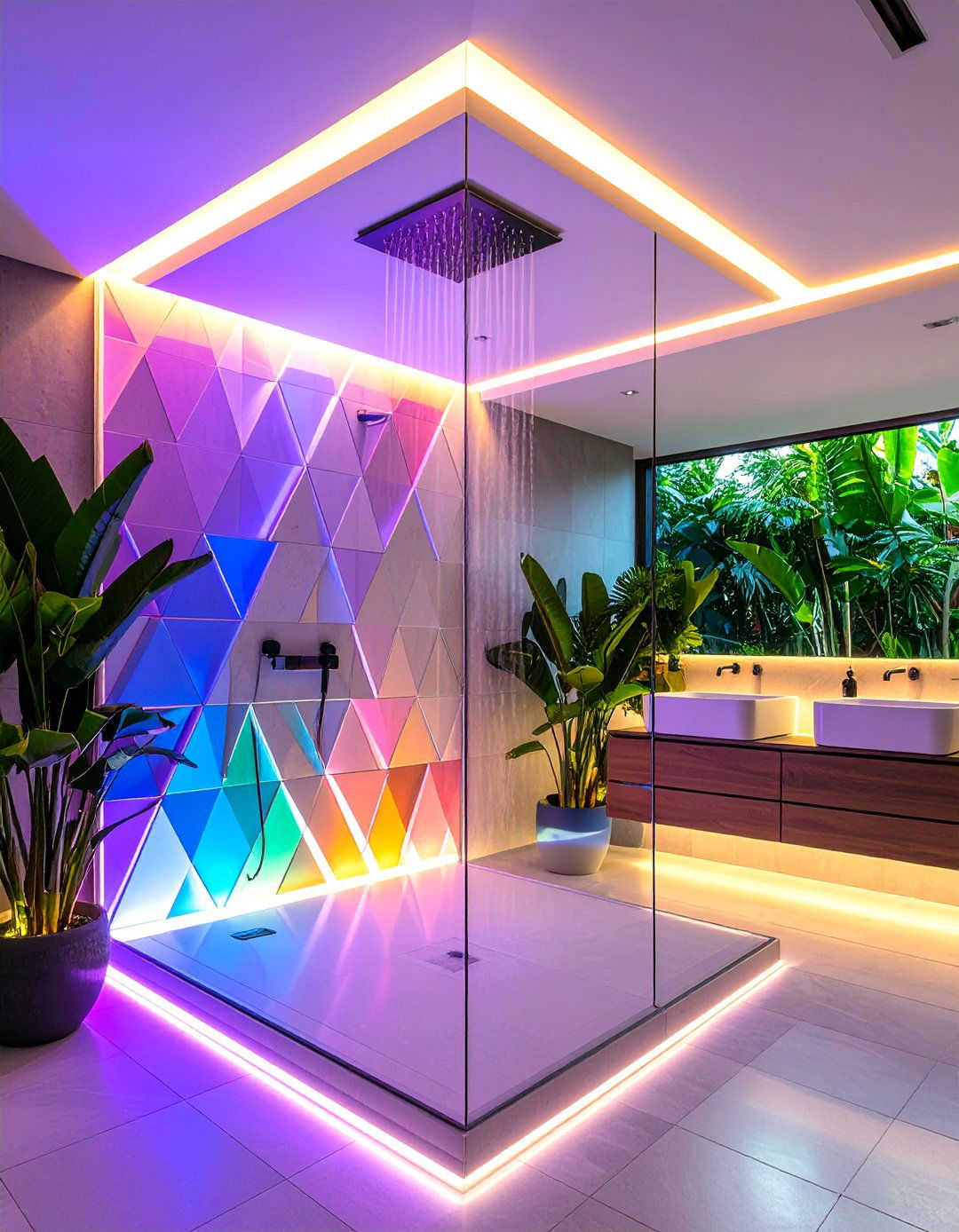 Geometric Pattern Shower with LED Strip Lighting - 25 Bathroom Shower Ideas