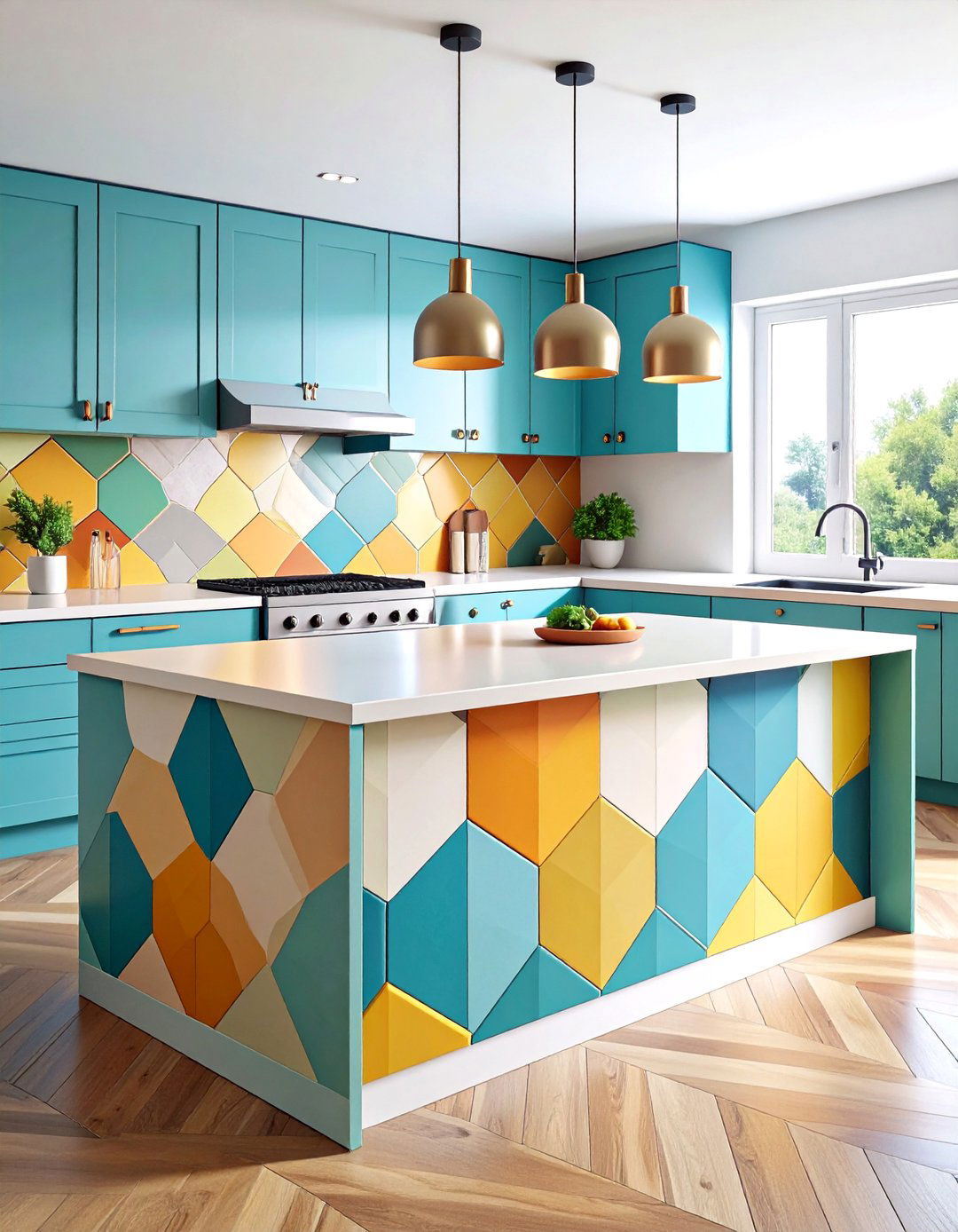 Geometric Patterned Laminate Kitchen Island Panel with Bold Design - 25 Kitchen Island Back Panel Ideas