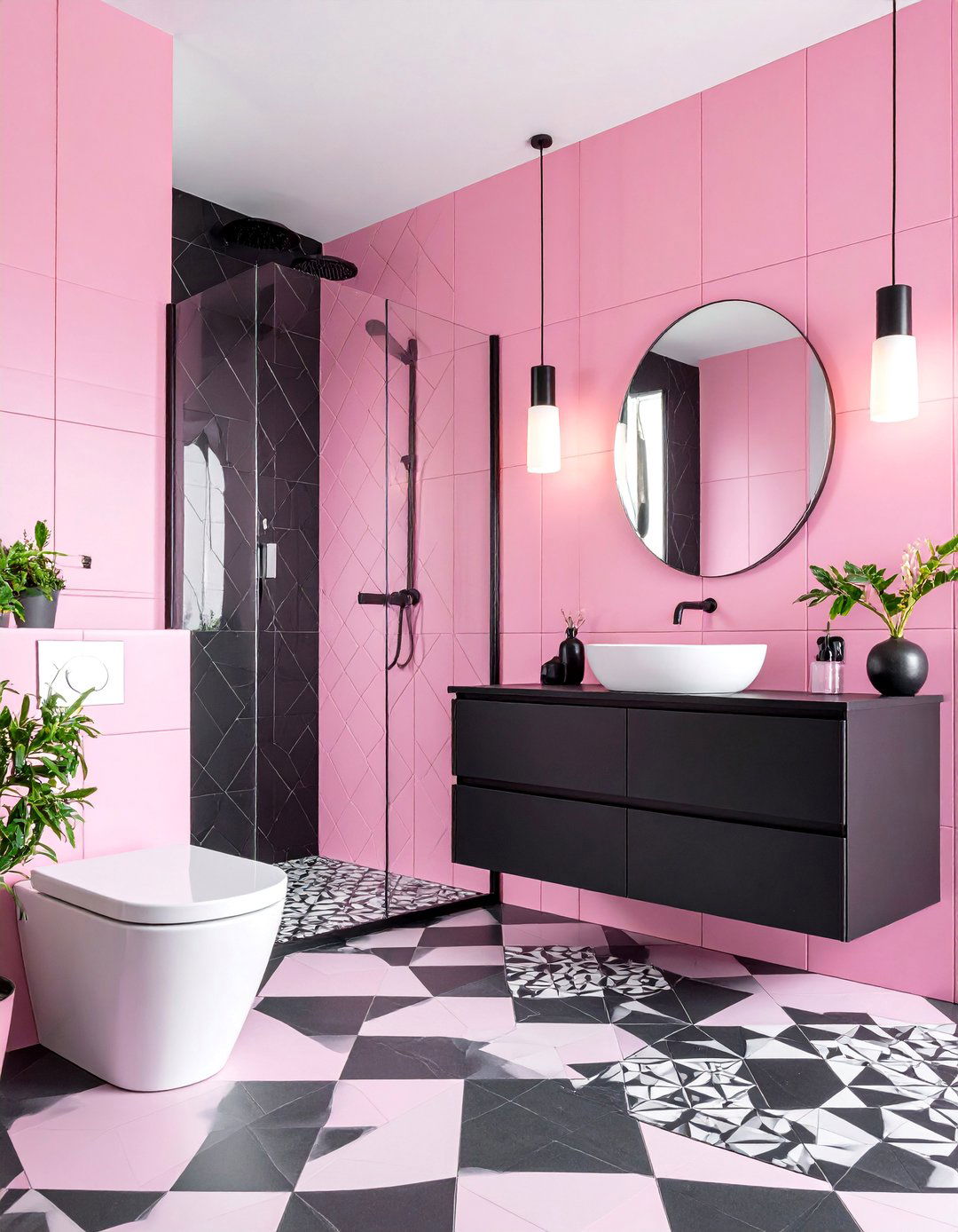 Geometric Pink and Black Tile Bathroom - 25 Pink and Black Bathroom Ideas