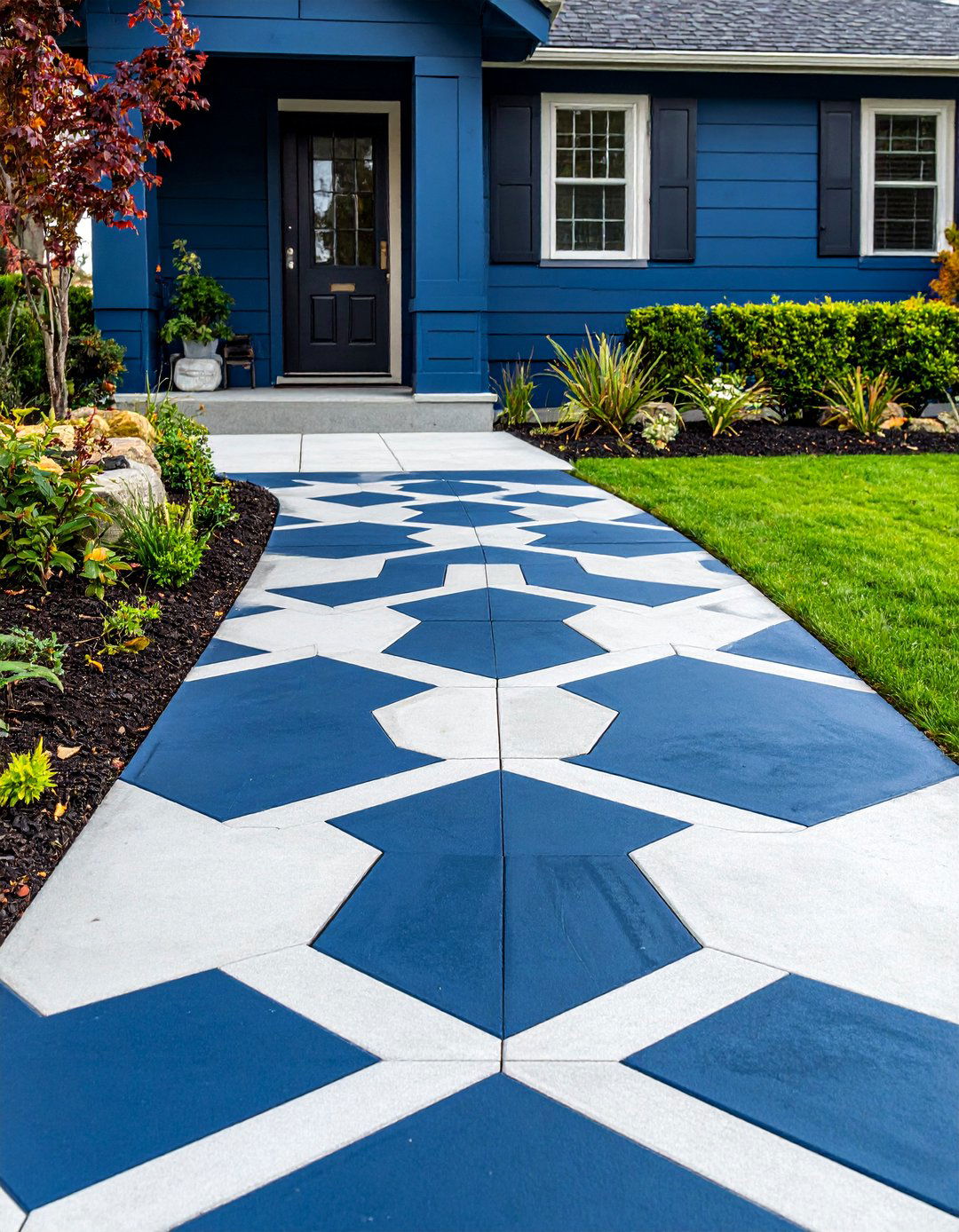 Geometric Stenciled Concrete Walkway - 25 Concrete Walkway Painting Ideas