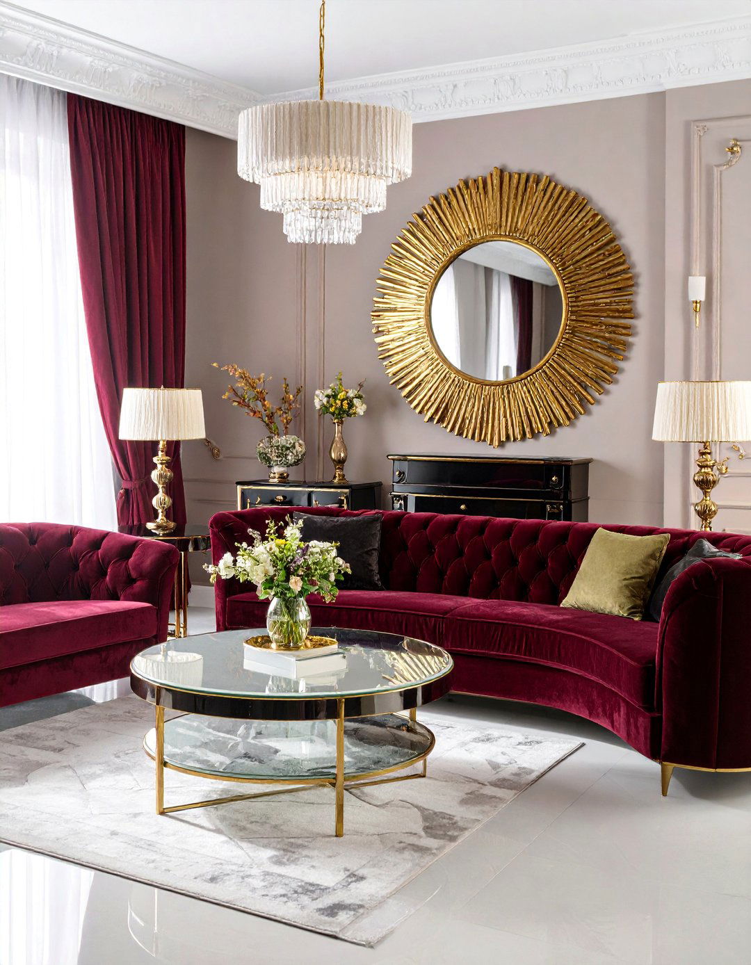 Geometric Sunburst Living Room with Gold Accents - 25 Art Deco Interior Design Ideas