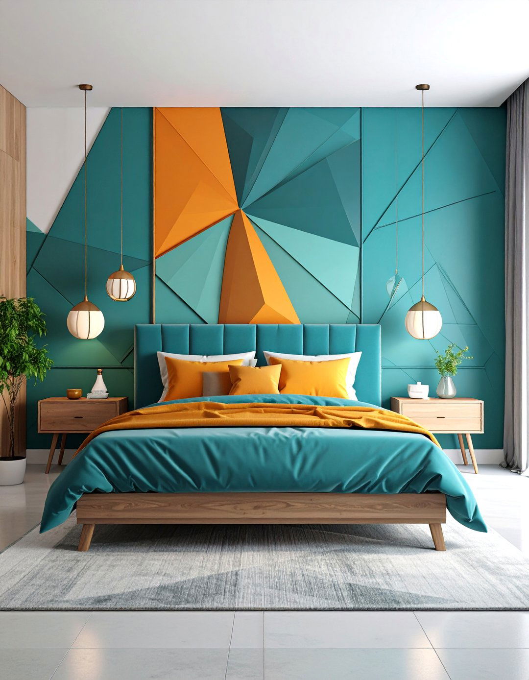 Geometric Teal and Orange Modern Abstract - 25 Teal and Orange Bedroom Ideas