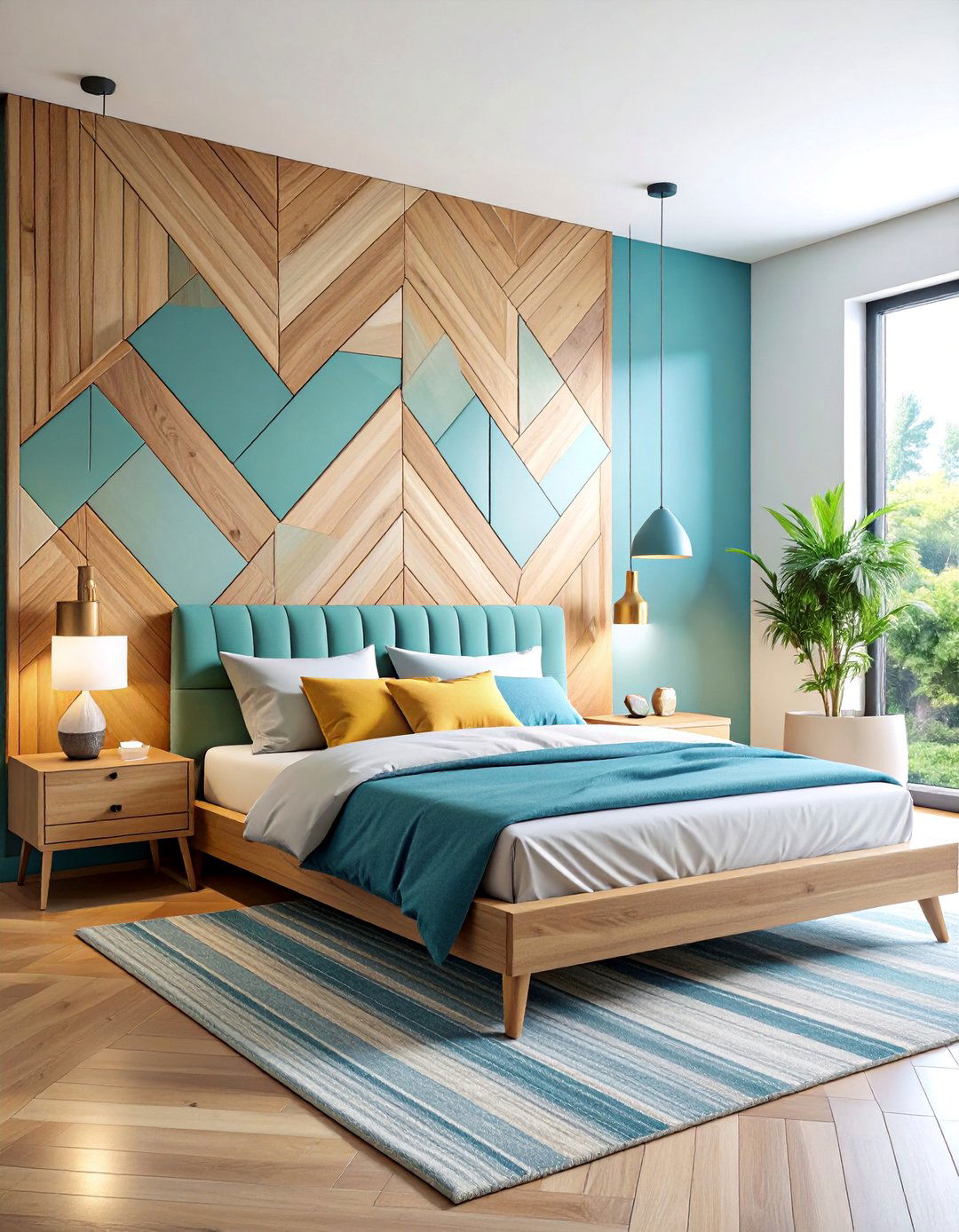 Geometric Wood Headboard with Angled Panels - 25 Unique Bed Design Ideas