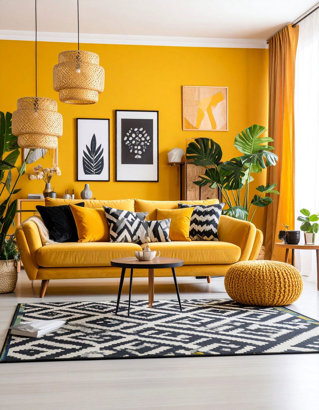 Geometric Yellow and Black Modern Pattern Mix - 25 Yellow Living Room Ideas