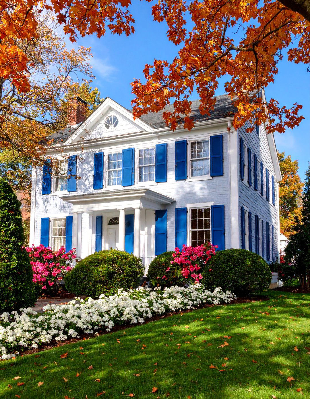 Georgian Colonial Grey House with Navy Blue Shutters - 25 Grey House With Blue Door Ideas
