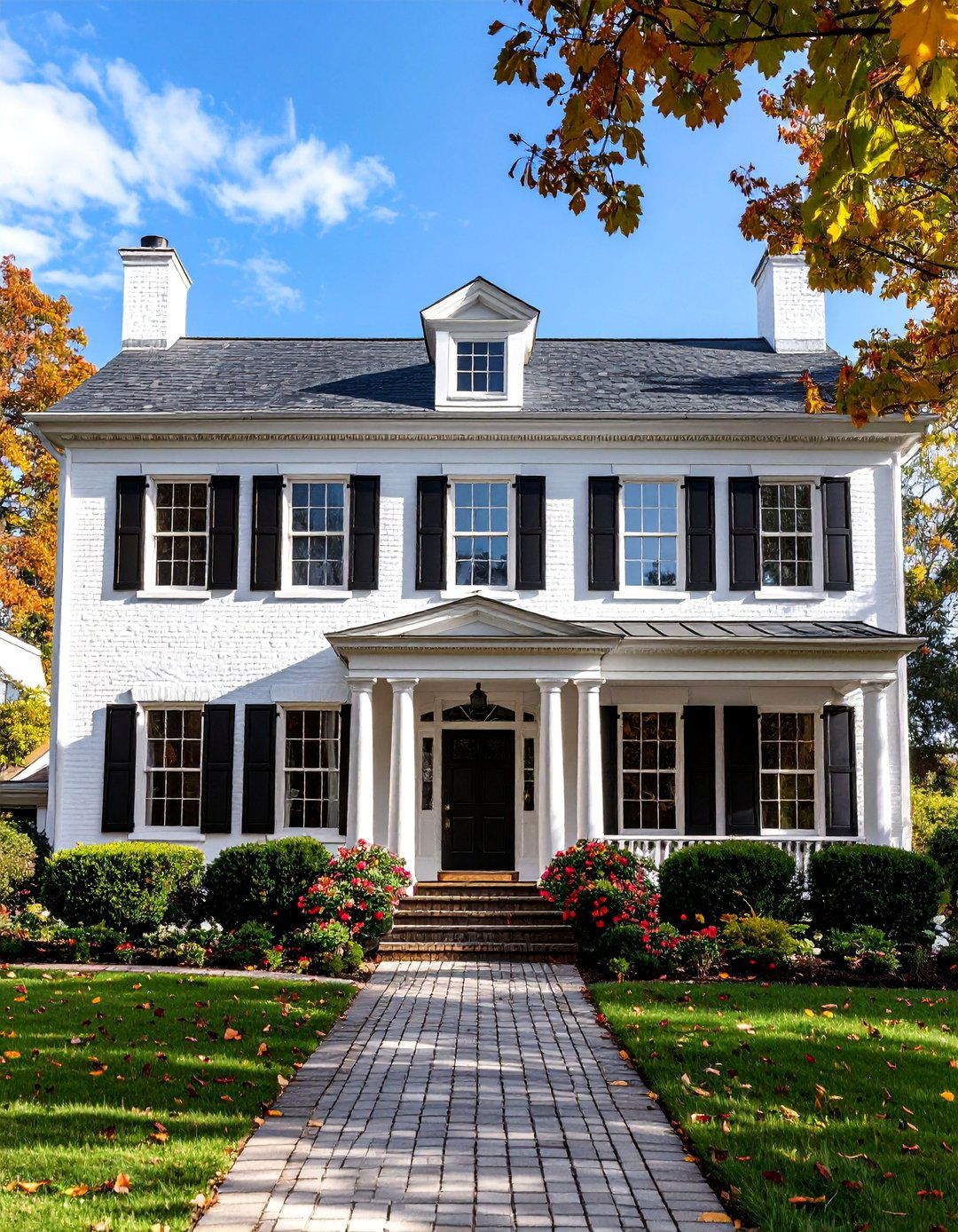 Georgian Colonial with Black Symmetrical Details - 25 single story white house black trim