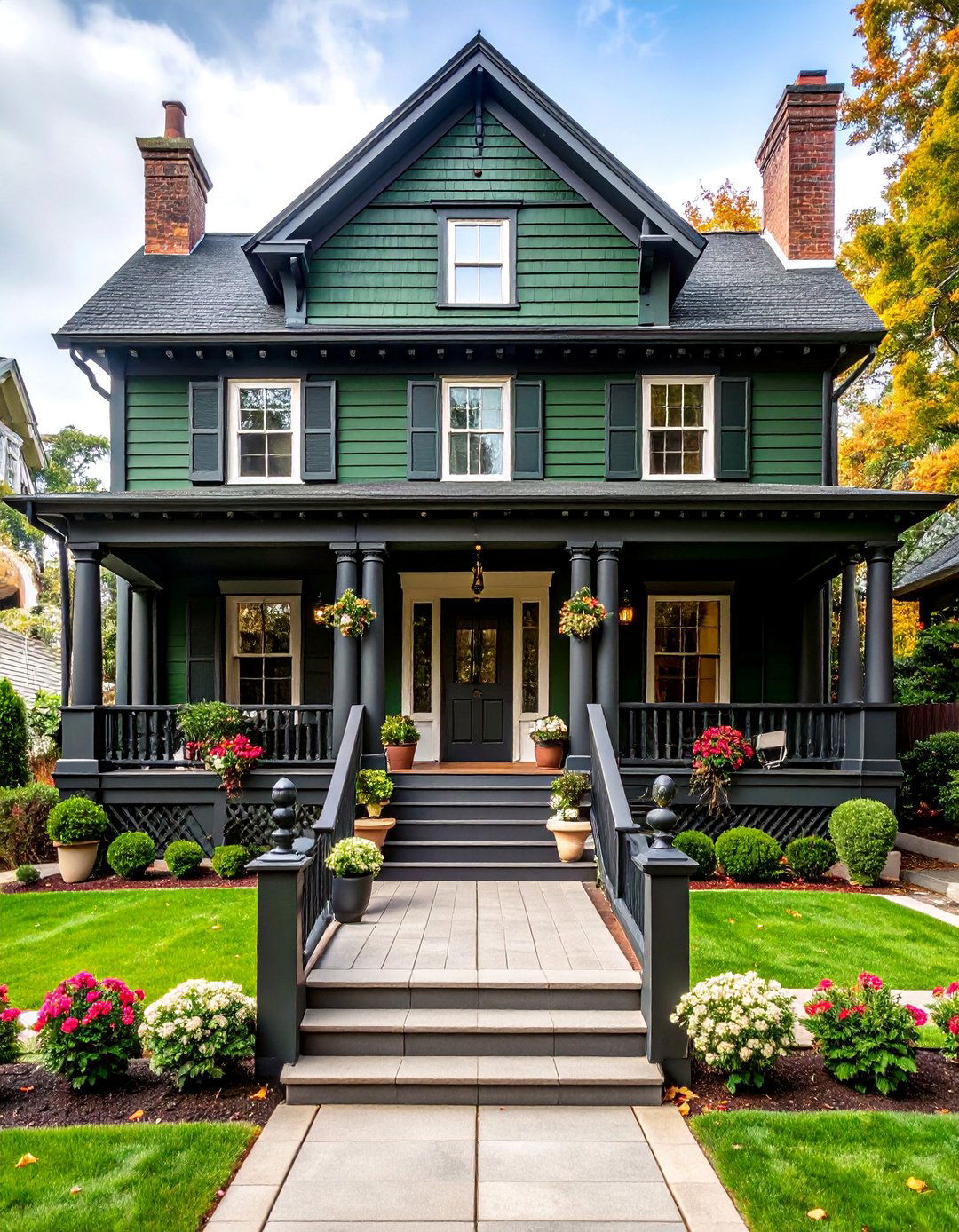 Georgian Colonial with Symmetrical Black Details - 25 Dark Olive Green House With Black Trim