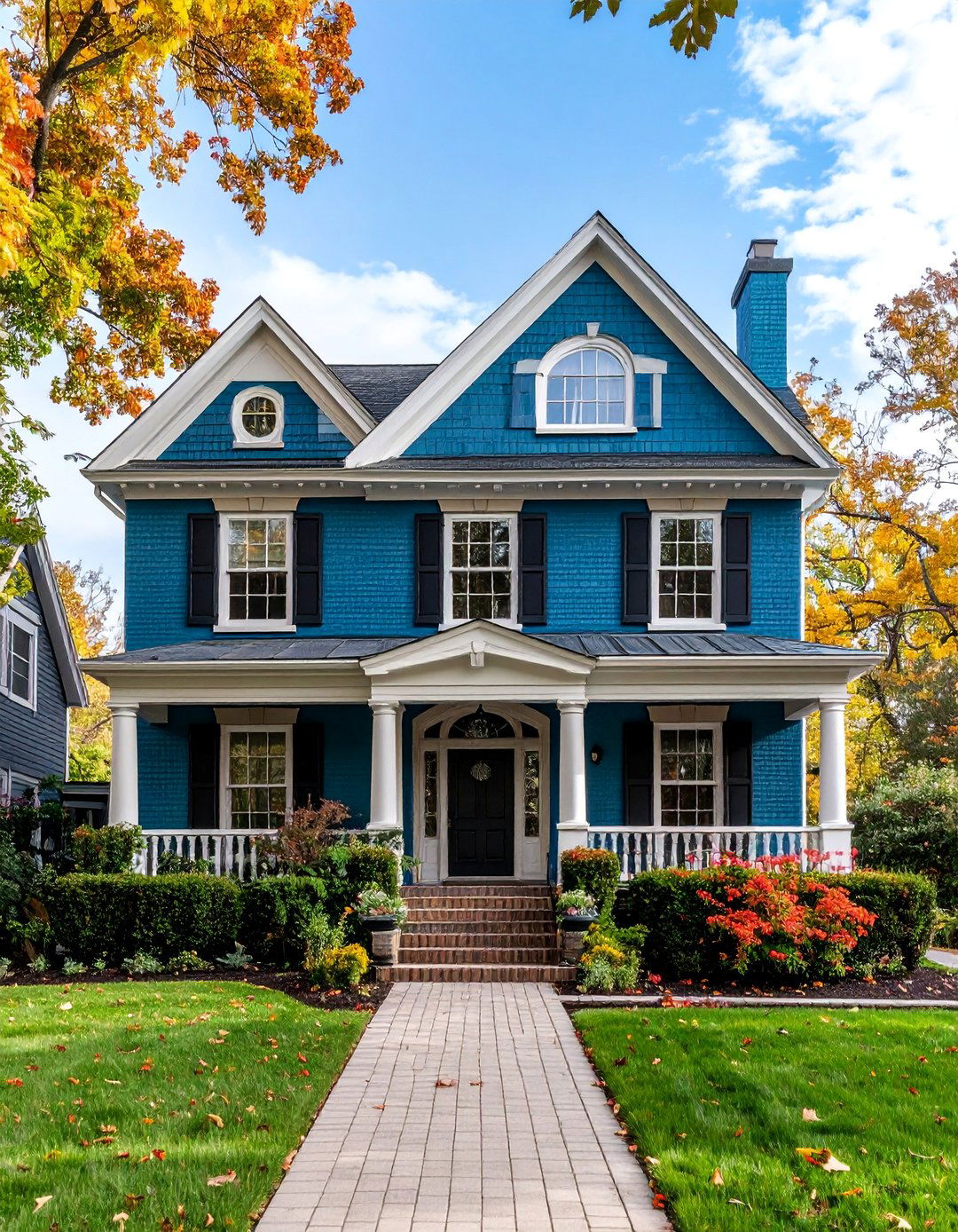 Georgian Colonial with Teal Brick and Limestone Details - 25 Teal House Exterior Ideas