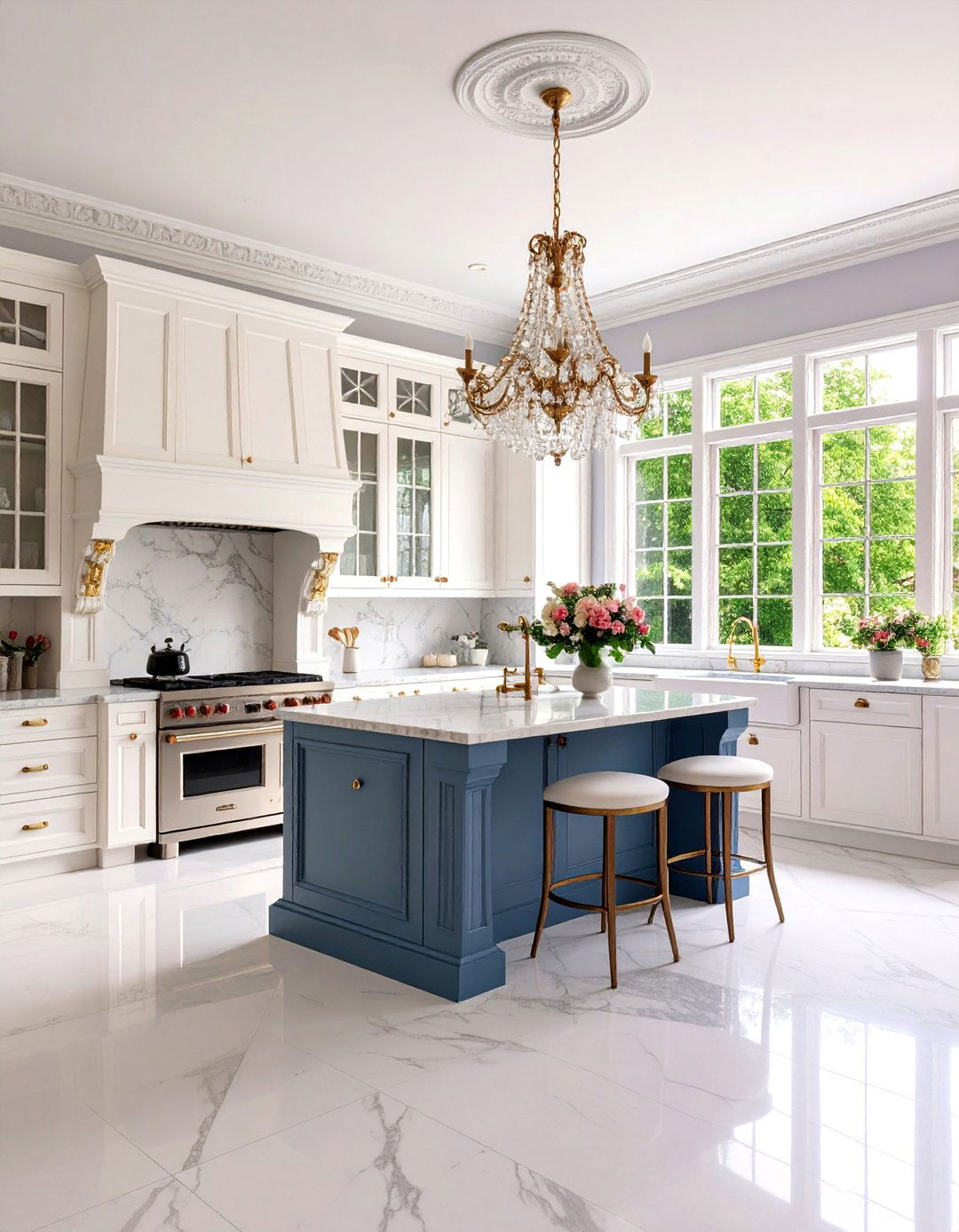 Georgian White Cabinets with Prussian Blue Island - 25 White Kitchen Cabinets With Blue Island
