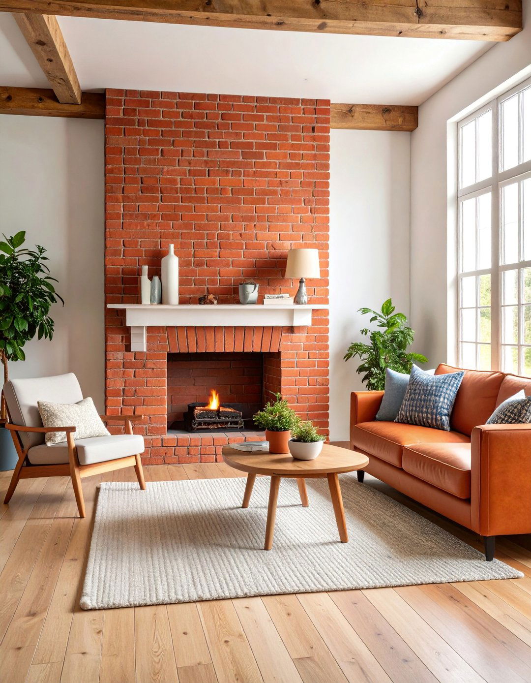 German Smear Brick Fireplace with Shiplap Surround - 25 Rustic Brick Fireplace Ideas