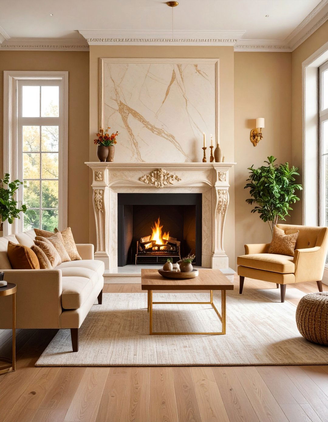Giallo Siena Marble Fireplace with Warm Traditional Styling - 25 Marble Fireplace Ideas