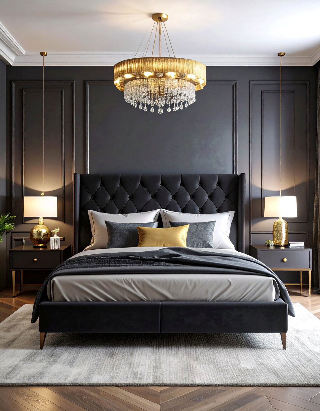 Glam Black Headboard with Gold Accents Bedroom - 25 Black Headboard Bedroom Ideas