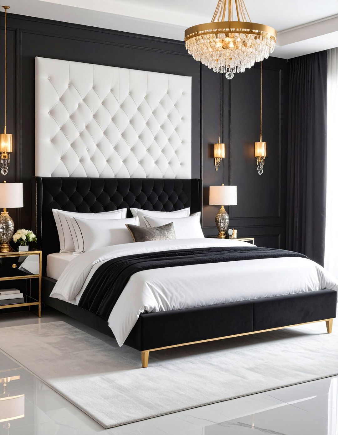 Glam Black and White with Metallic Gold Details - 25 Feminine Black and White Bedroom Ideas
