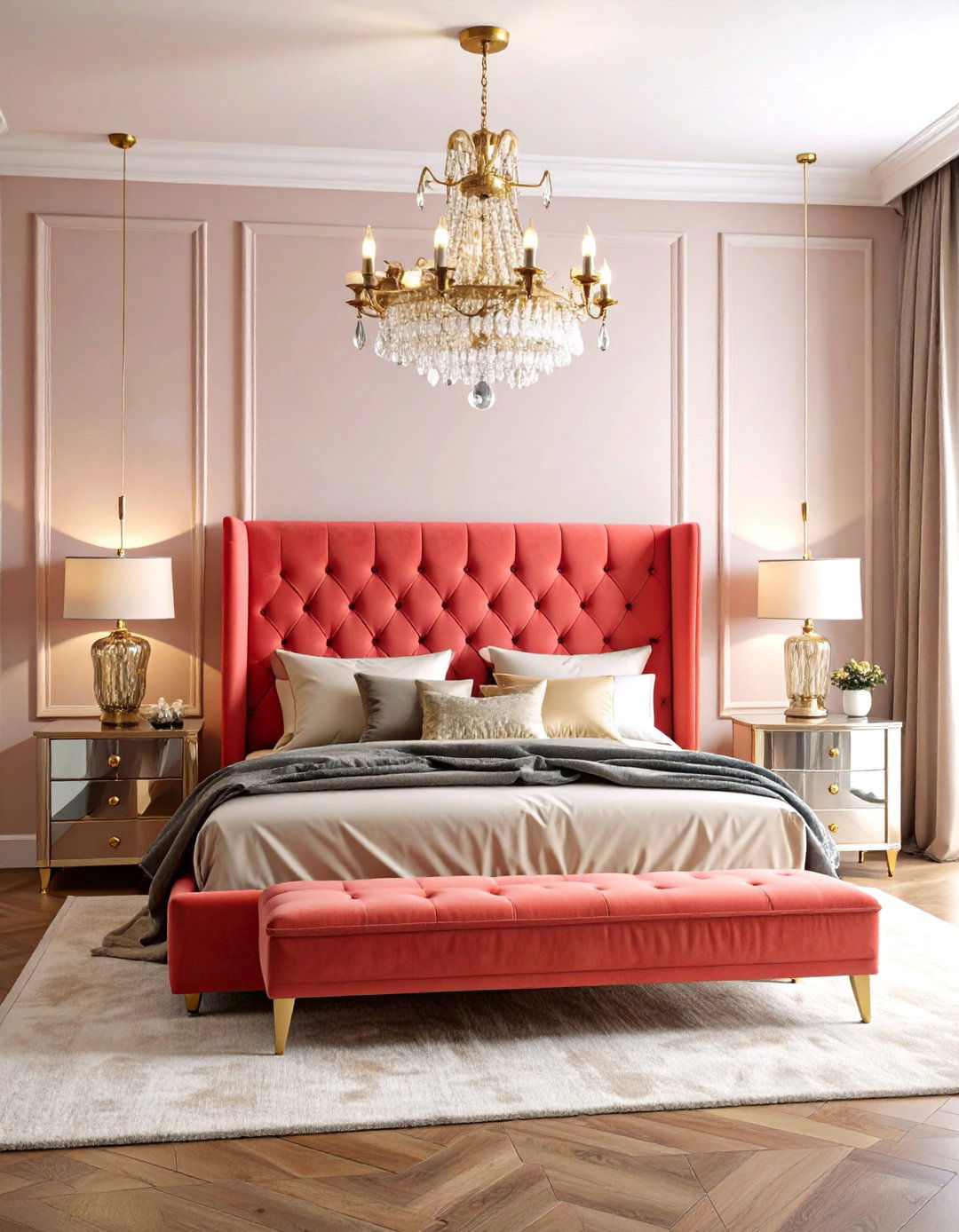 Glam Coral Bedroom with Velvet and Crystal Accents - 25 Coral Bedroom Ideas
