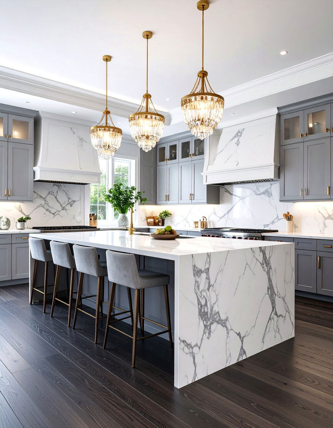 Glam Marble Clad Kitchen With Dark Wood Floors - 25 Kitchen With Dark Wood Floors