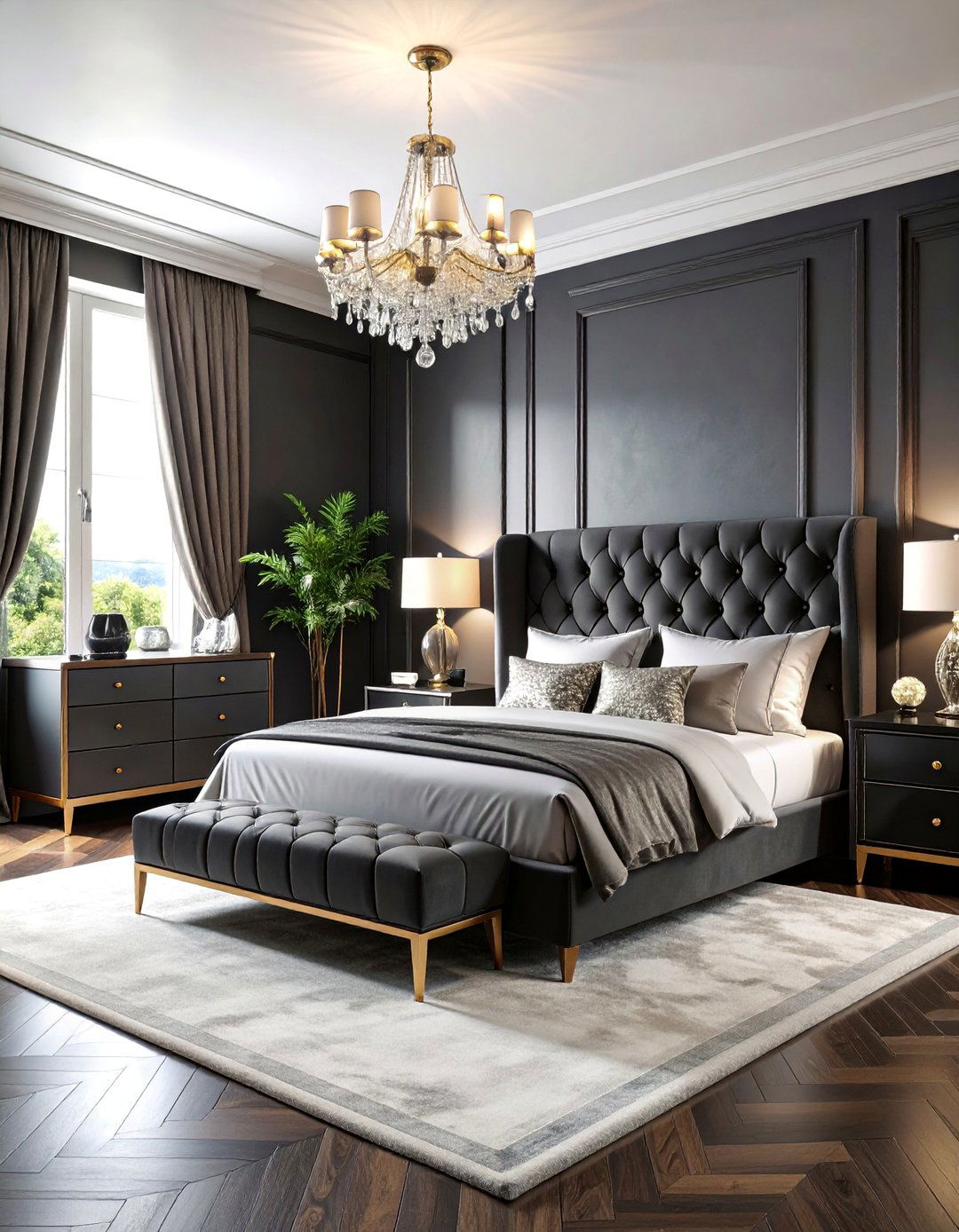 Glam Matte Black Bedroom with Mirrored Furniture Shine - 25 Matte Black Bedroom Ideas