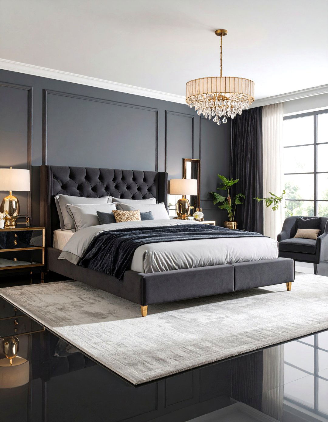 Glamorous Bedroom with High Gloss Black Floors and Mirrored Furniture - 25 Black Floor Bedroom Ideas