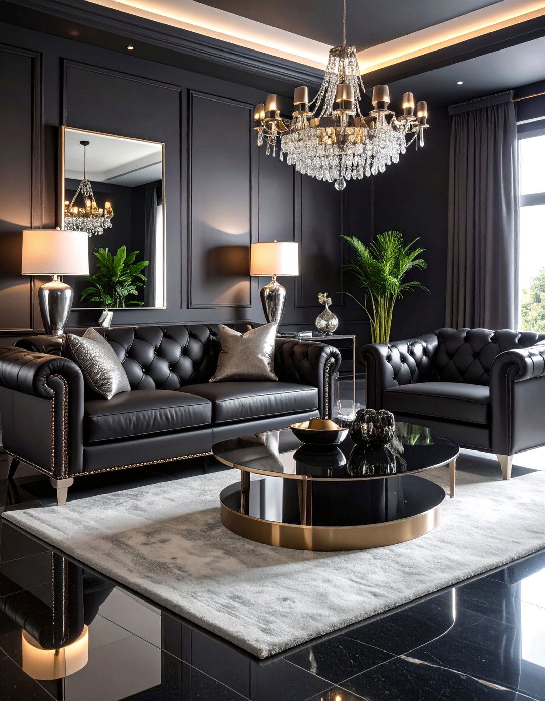 Glamorous Black Living Room with Metallic Finishes - 25 Black Living Room Ideas