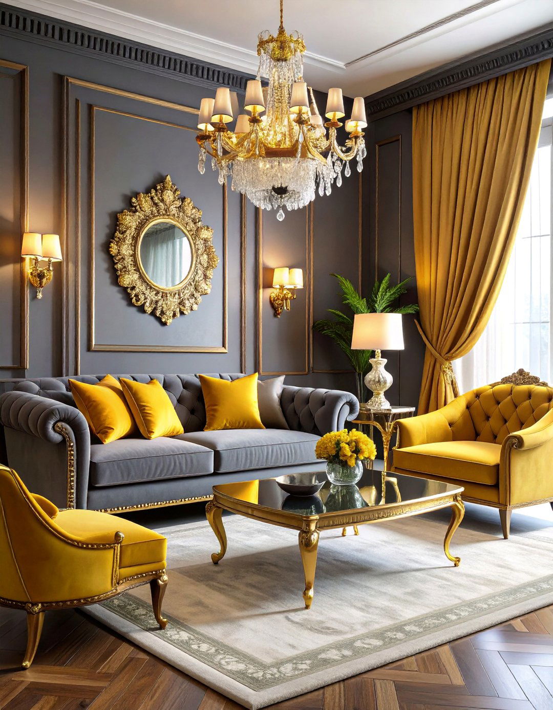 Glamorous Hollywood Regency Grey and Yellow Living Room - 25 Grey and Yellow Living Room Ideas
