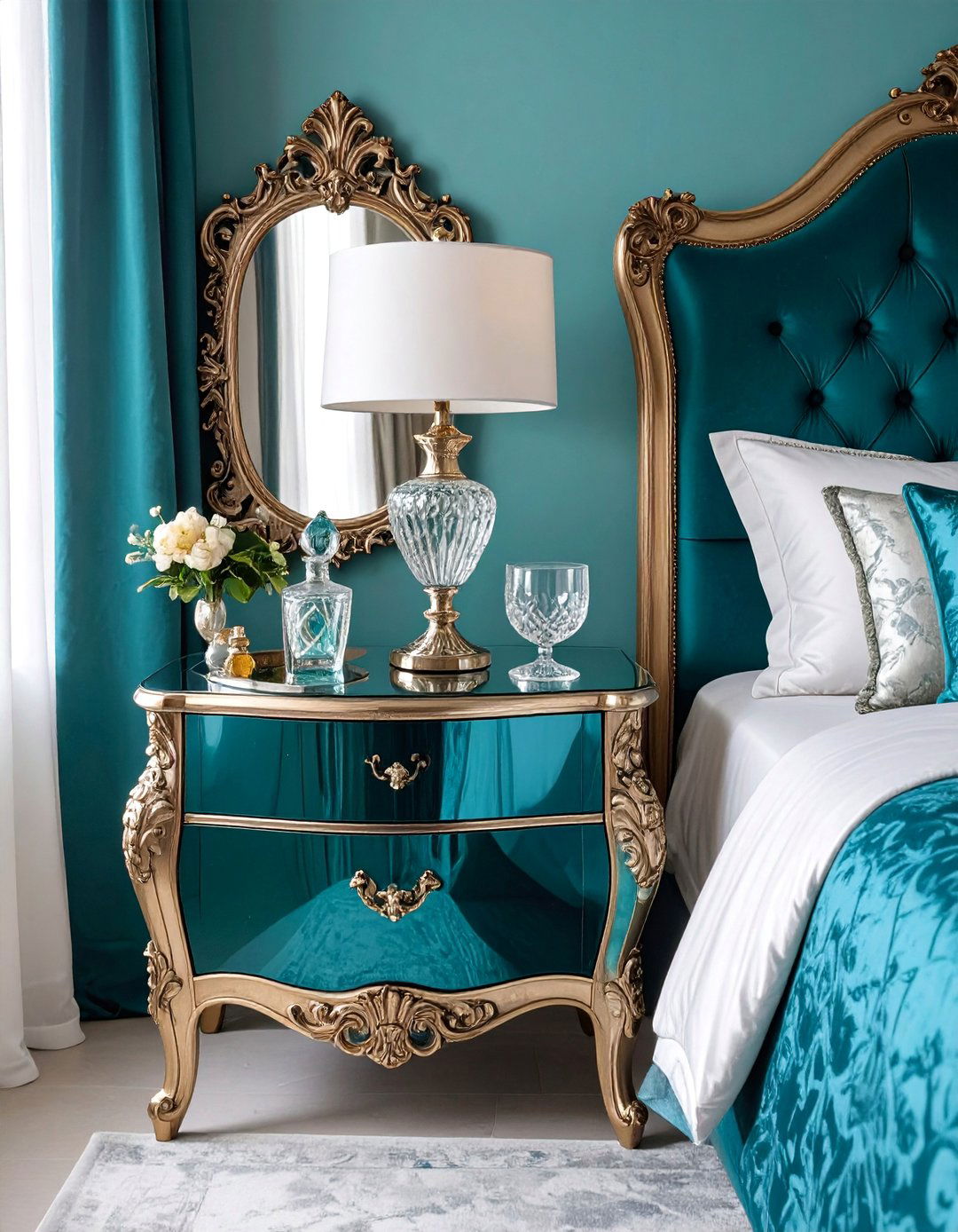 Glamorous Hollywood Regency Nightstand with Metallic Accents - 25 Nightstand Decor Ideas