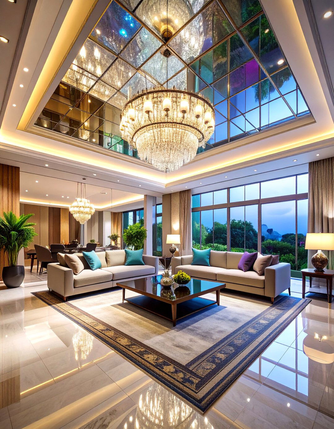 Glamorous Mirrored Reflective Ceiling - 25 Living Room Ceiling Ideas