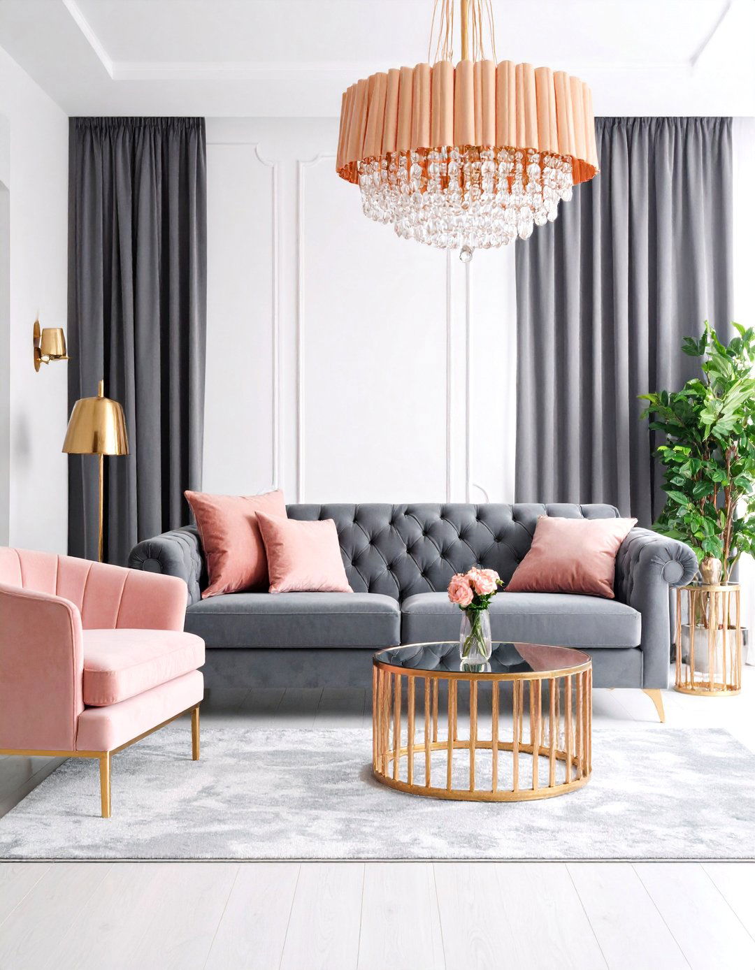 Glamorous Pink and Grey Living Room with Metallic Accents - 25 Pink and Grey Living Room Ideas