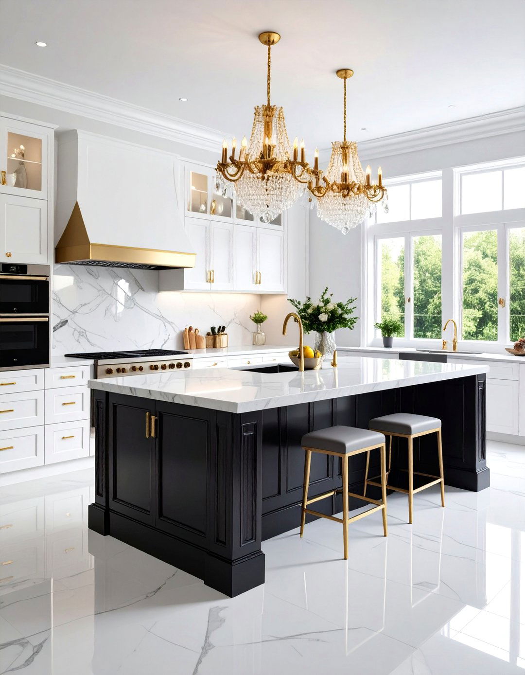Glamorous White Kitchen with Black Island and Crystal Accents - 25 white kitchen ideas with black island