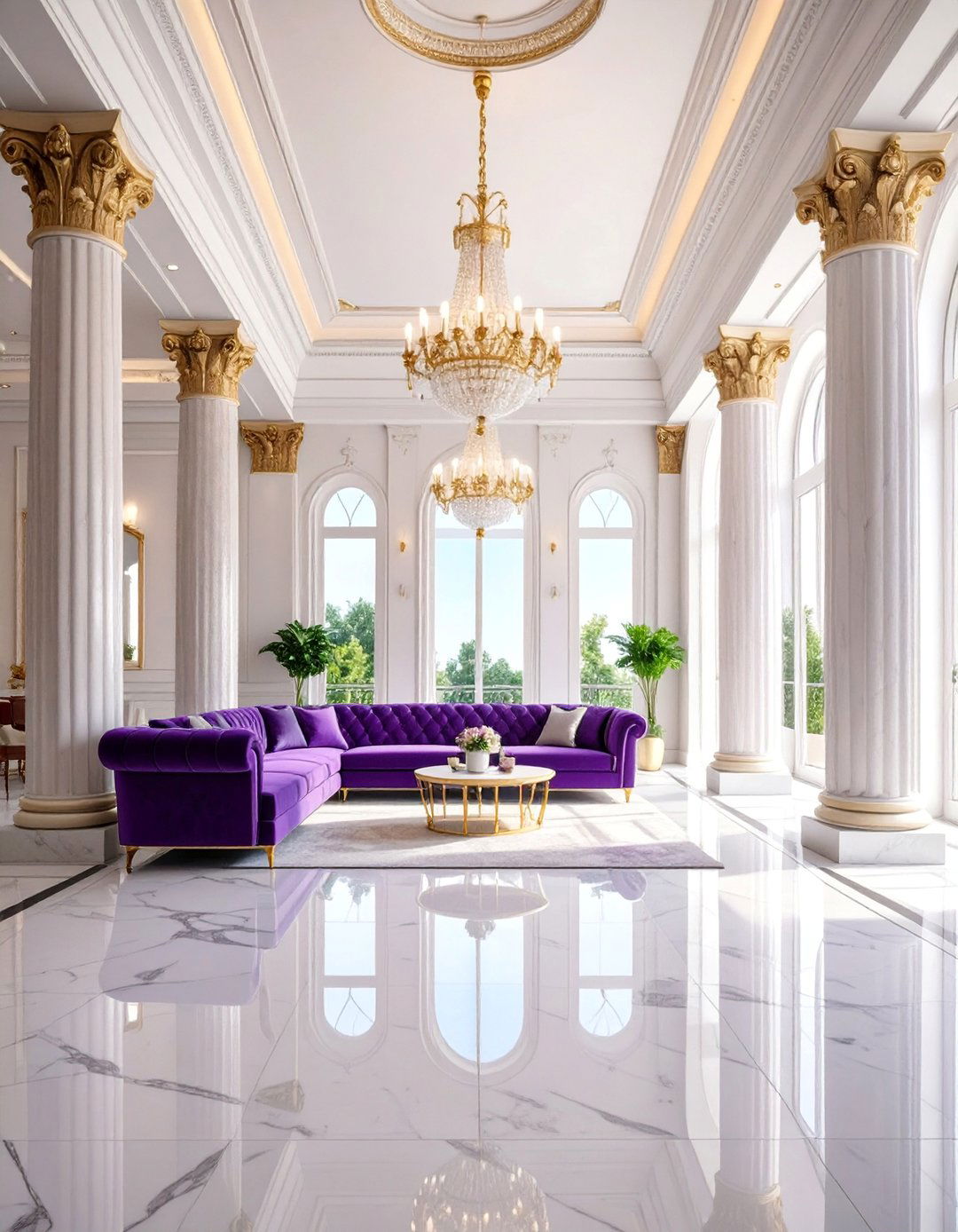 Glamourous Marble Floor Living Room with Mirror Finished Columns - 25 Marble Floor Living Room Ideas