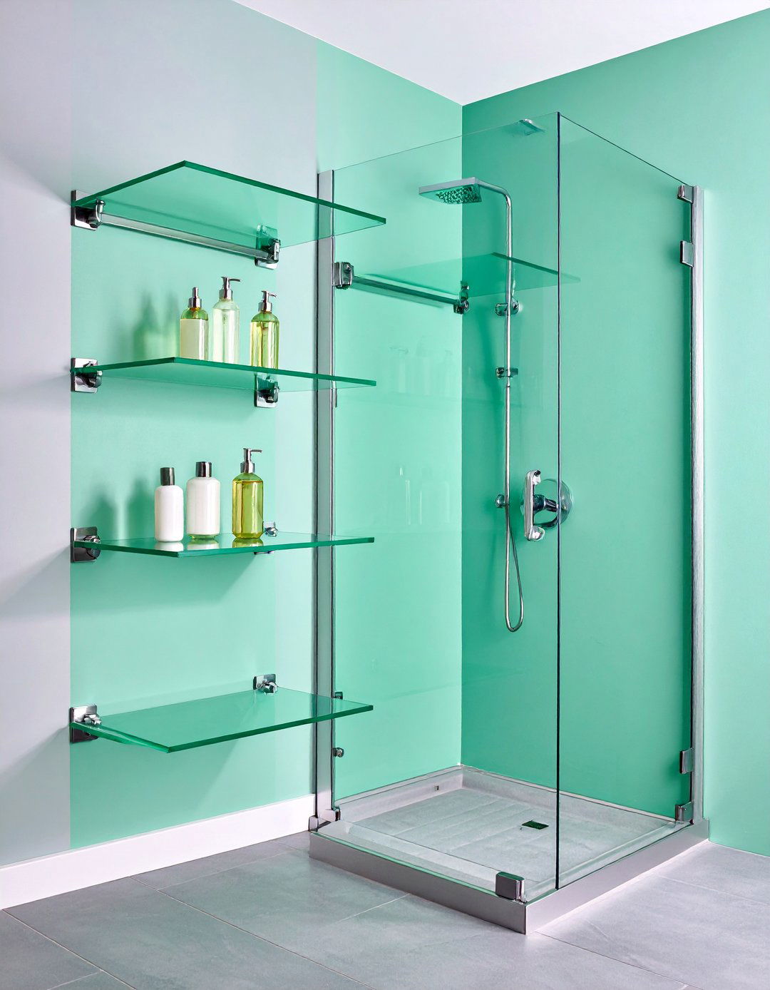 Glass Corner Shelves with Minimalist Mounting Hardware - 25 Shower Storage Ideas