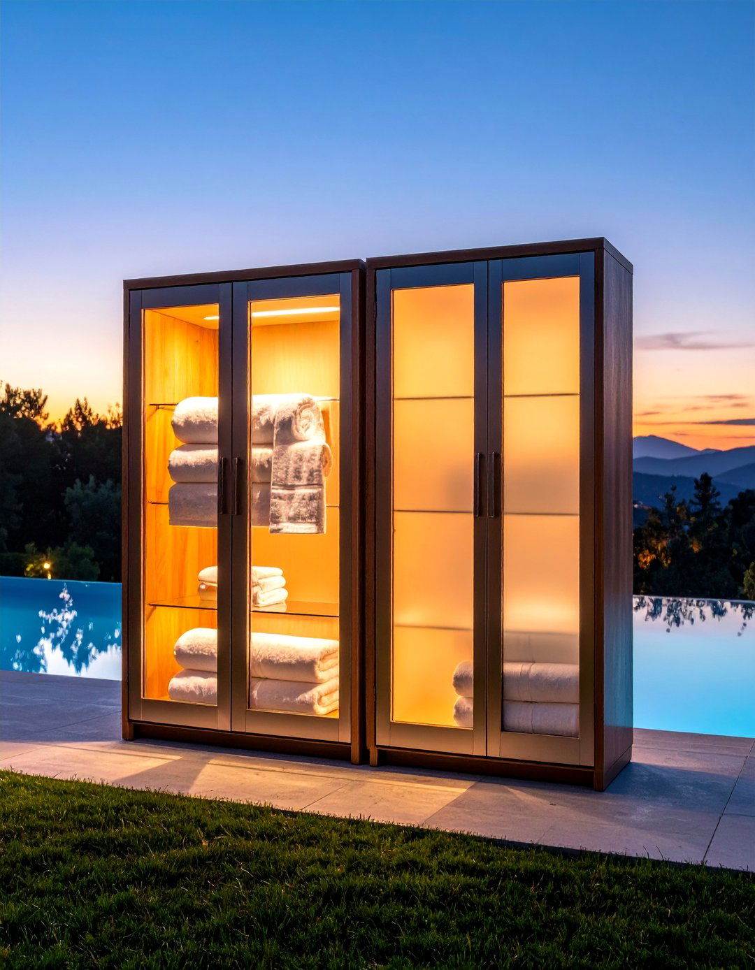 Glass Faced Poolside Armoires - 25 Pool Storage Ideas