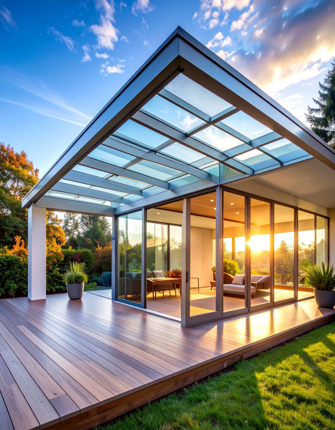 Glass Front Porch Roof with Steel Frame Structure - 25 Front Porch Roof Ideas