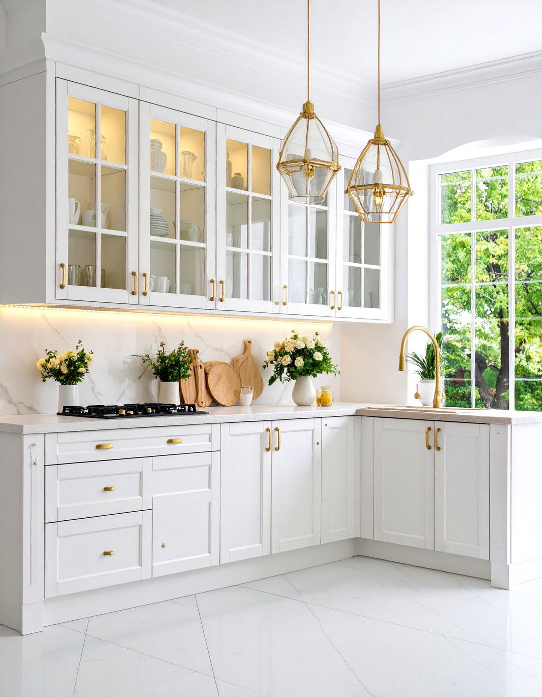 Glass Front White Cabinets with Brass Frame Hardware - 25 White Kitchen Cabinets With Gold Hardwar