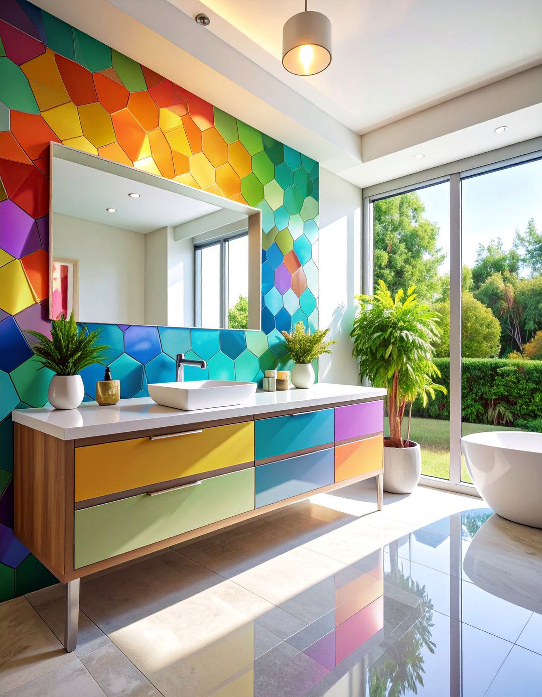 Glass Hexagon Mosaic Accent Wall Behind Vanity - 25 Hexagon Tiles Ideas for Bathrooms