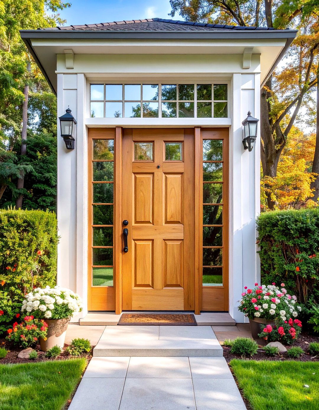 Glass Integrated Pine Door with Light Honey Stain - 25 Stained Front Door Ideas