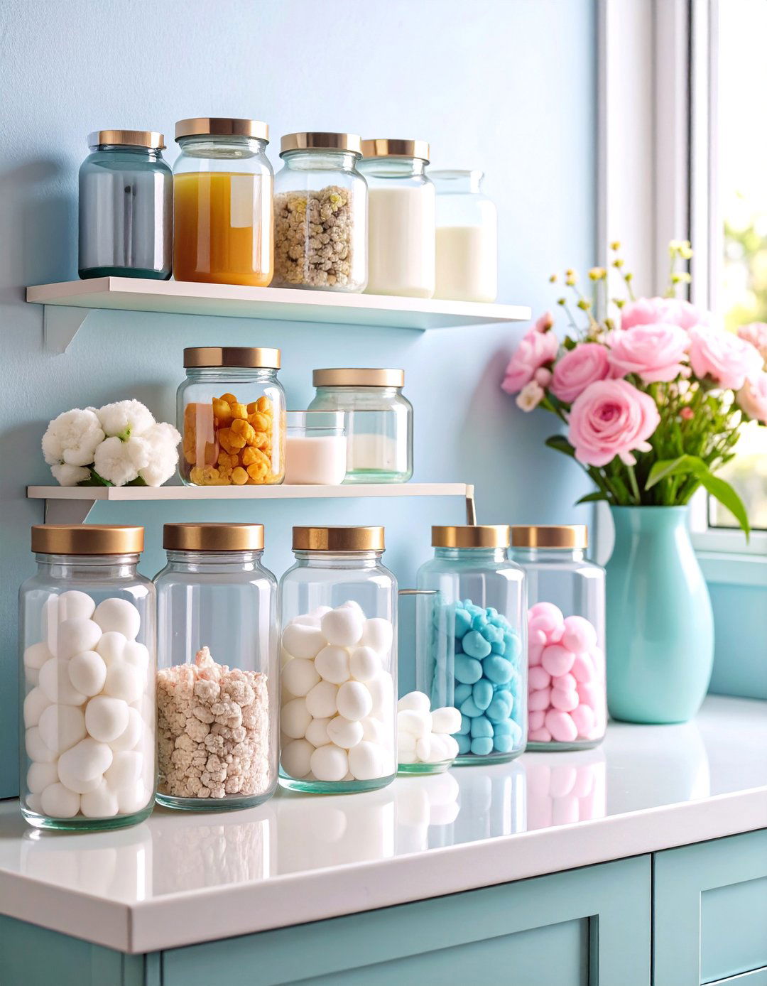 Glass Jar Display System with Coordinated Labeling - 25 Bathroom Organization Ideas