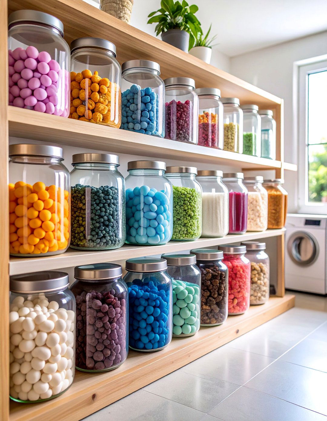 Glass Jar Storage Display with Uniform Labeling - 25 Laundry Room Storage Ideas