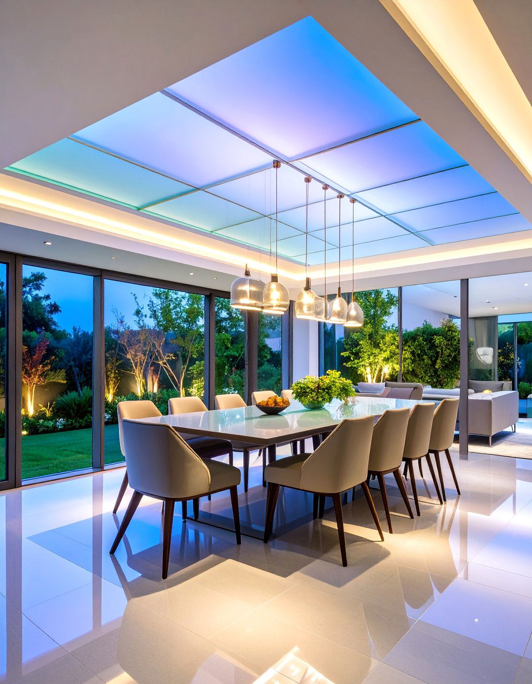 Glass Panel Ceiling with Integrated LED Backlighting - 25 Dining Room Ceiling Ideas