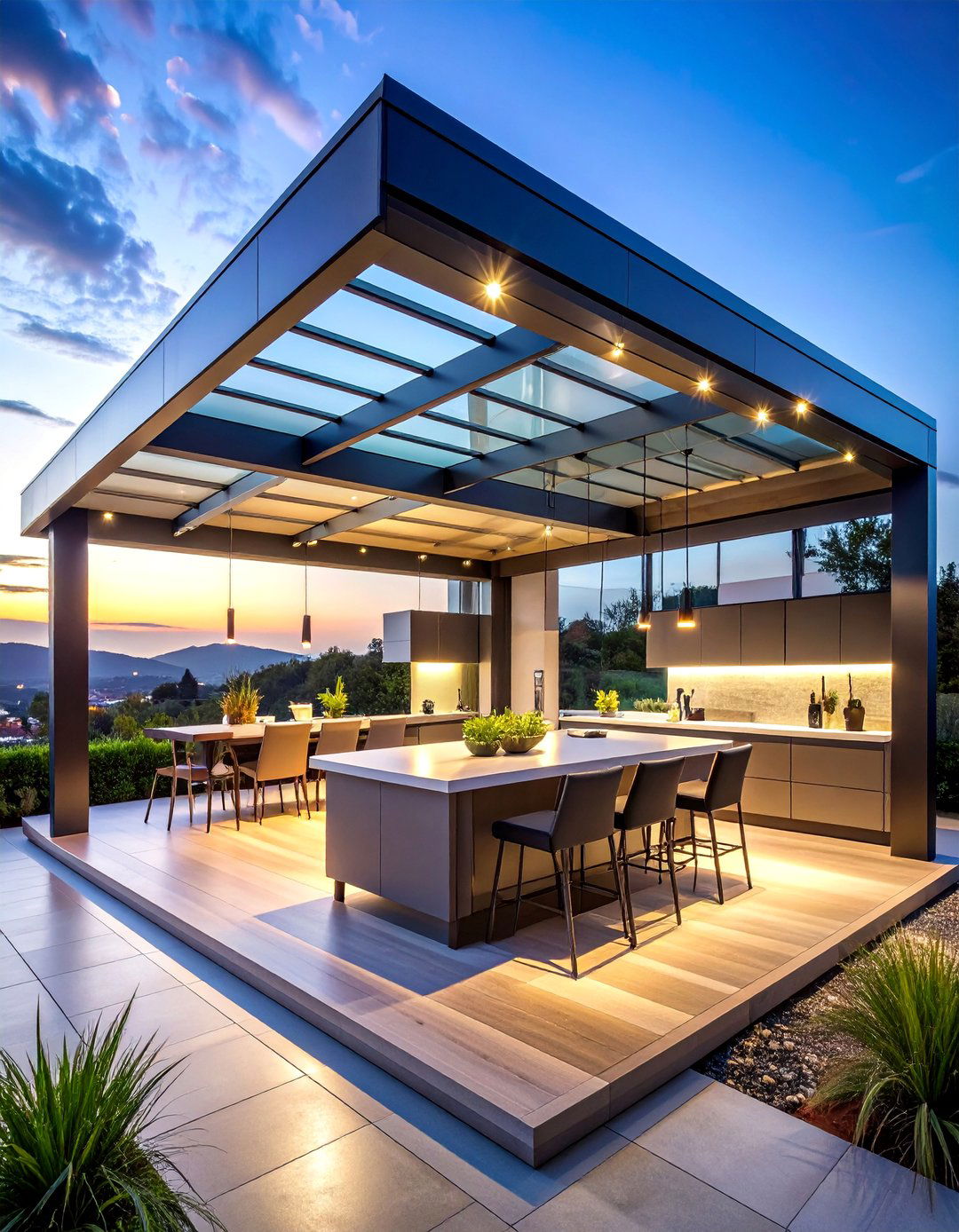 Glass Panel Pergola with Transparent Weather Protection - 25 Outdoor Kitchen Roof Ideas