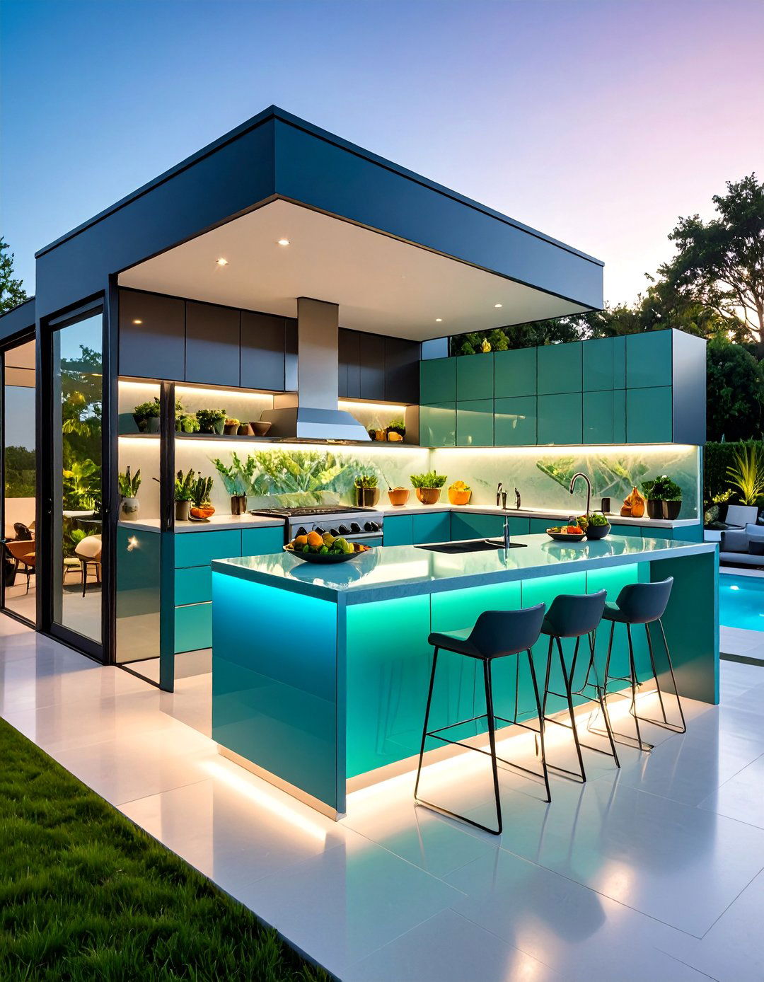 Glass Surface Reflective Modern Elegance - 25 Outdoor Kitchen Countertop Ideas