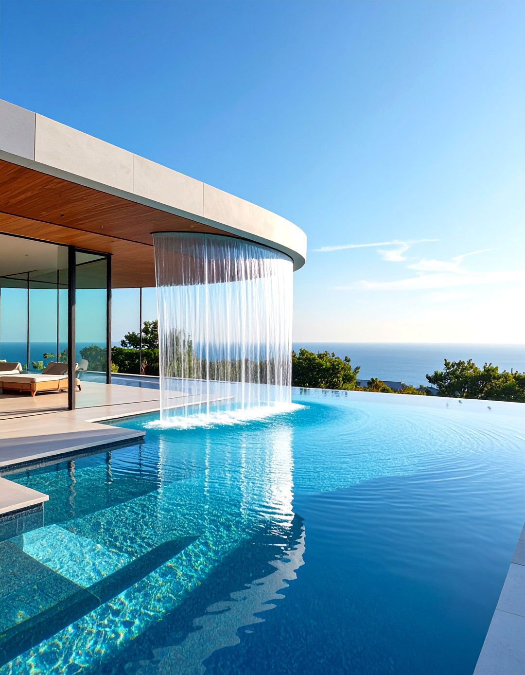 Glass Tile Infinity Spillway Pool Fountain - 25 Pool Fountain Ideas