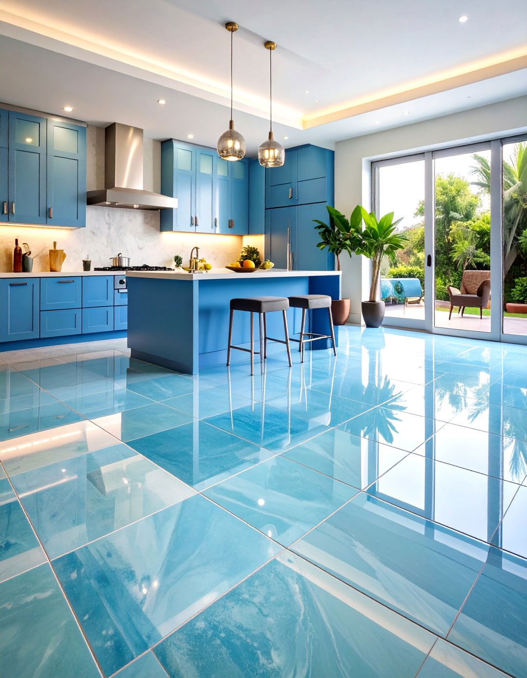 Glass Tile Kitchen Floor with Reflective Elegance - 25 Kitchen Floor Ideas
