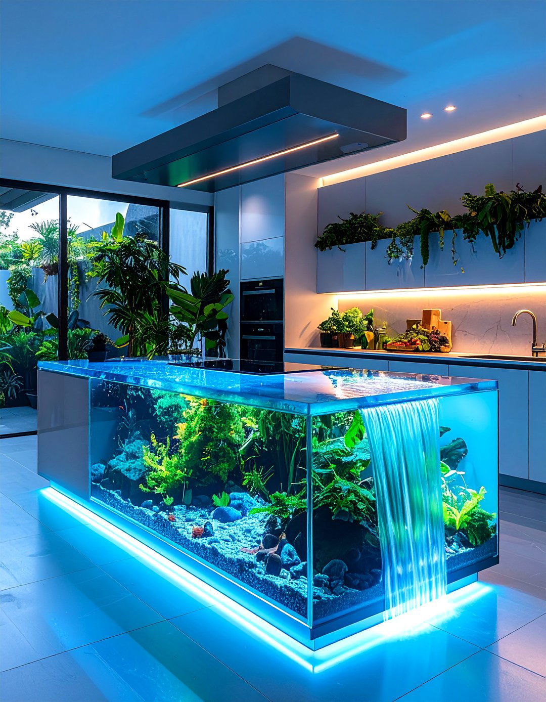 Glass Waterfall Island for Modern Spaces - 25 Waterfall Kitchen Island Ideas