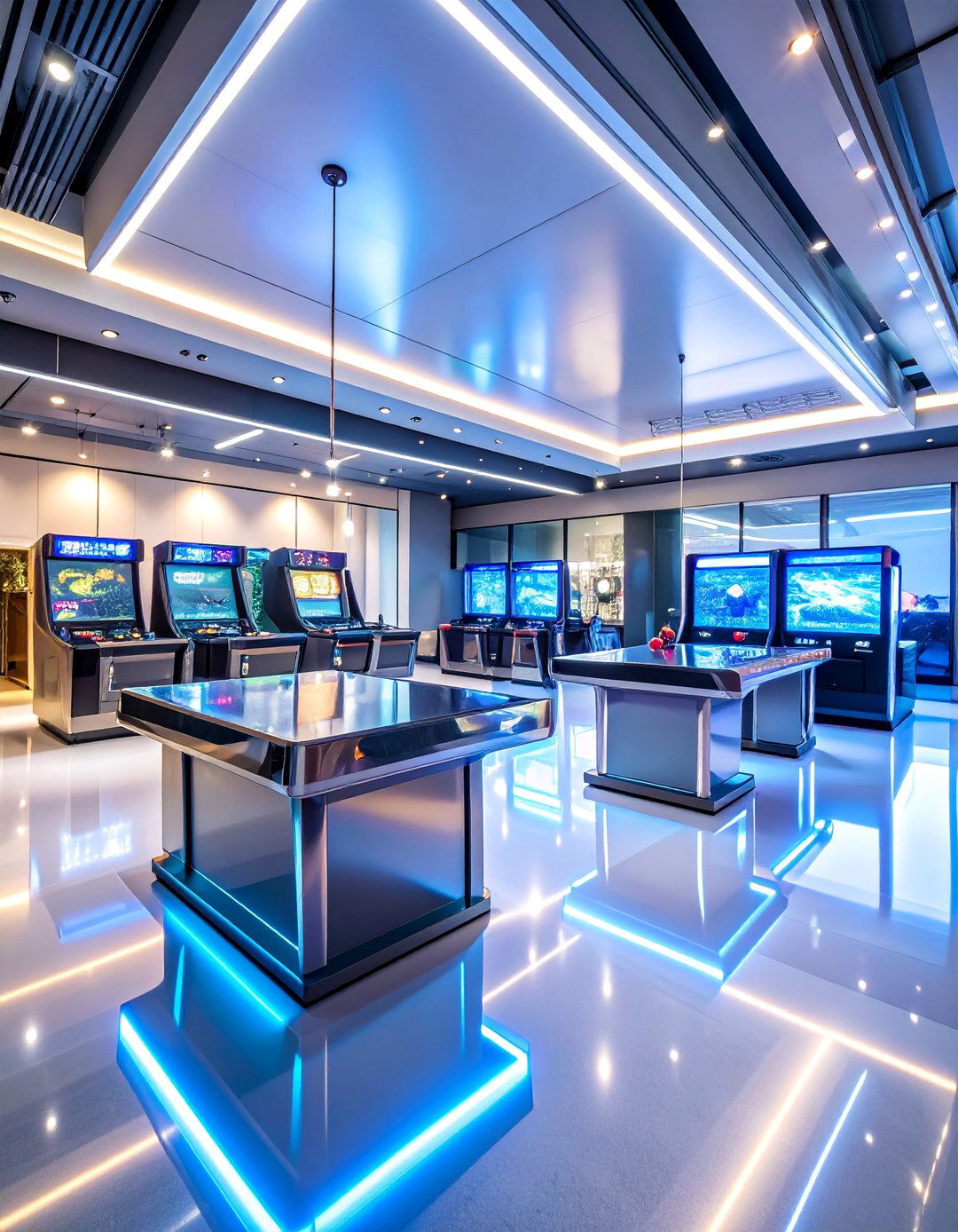 Glass and Chrome Modern Arcade Room with Reflective Surfaces - 25 Arcade Room Ideas