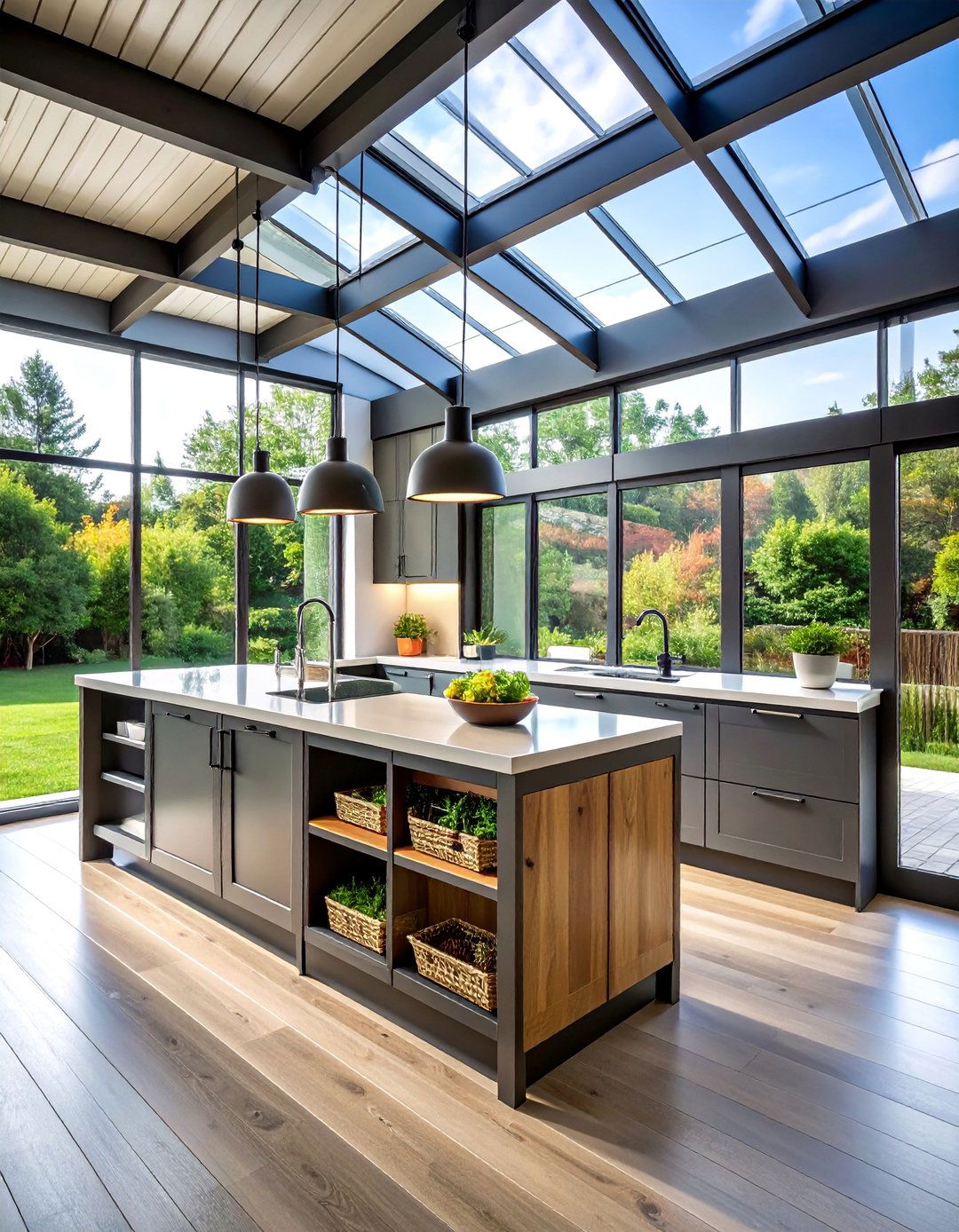 Glass and Metal Barndominium Kitchen with Contemporary Transparency - 25 Barndominium Kitchen Ideas