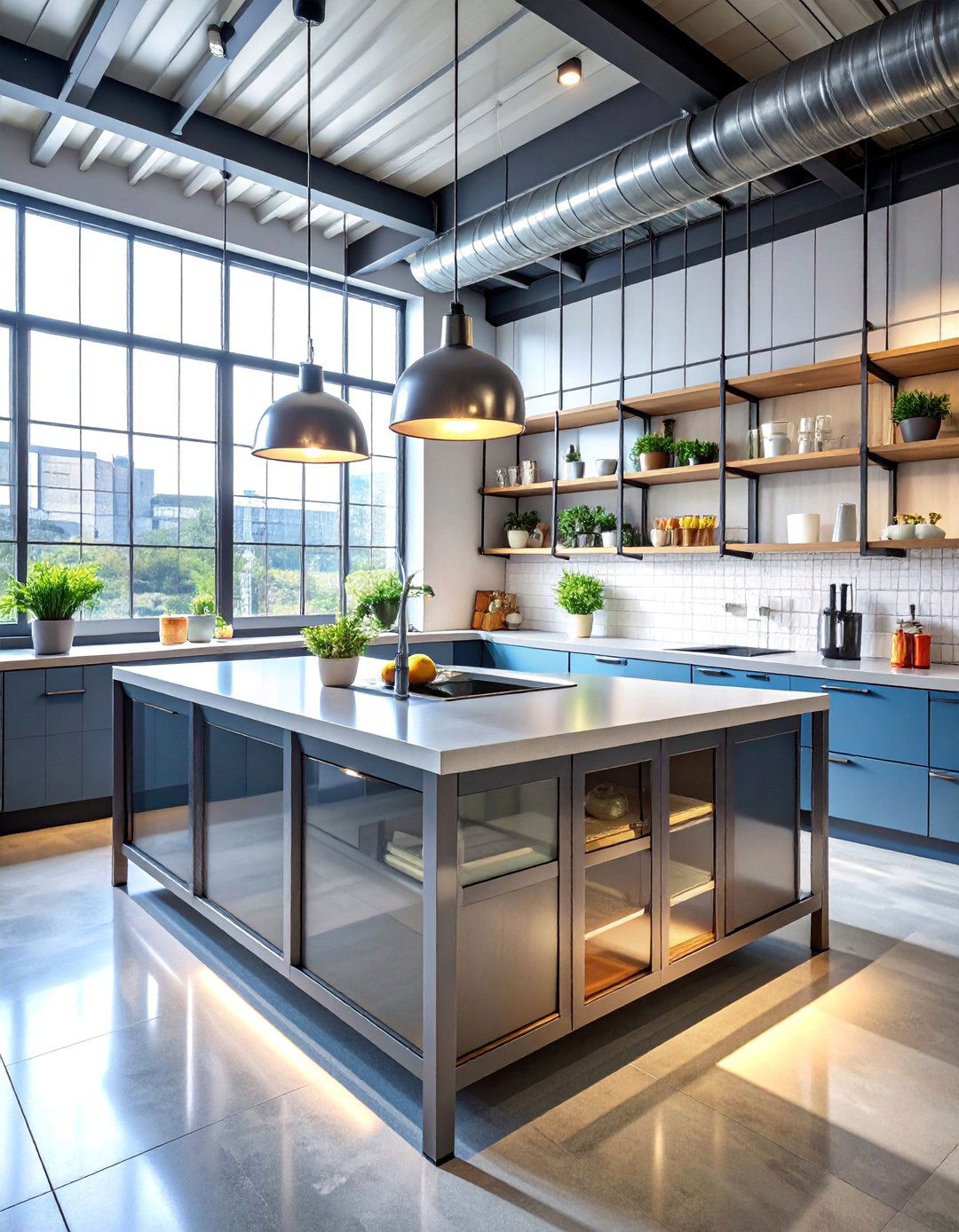Glass and Metal Industrial Kitchen Storage - 25 Modern Style Glass Kitchen Cabinets